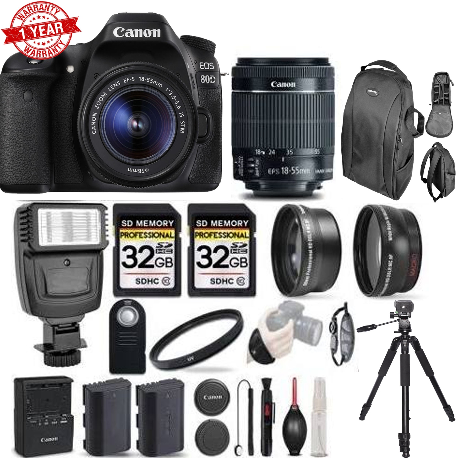 Canon EOS 80D Digital SLR Camera Kit with 18-55mm STM Lens w/ 64GB MC & Additional Accessories - US Version w/ Seller Warranty