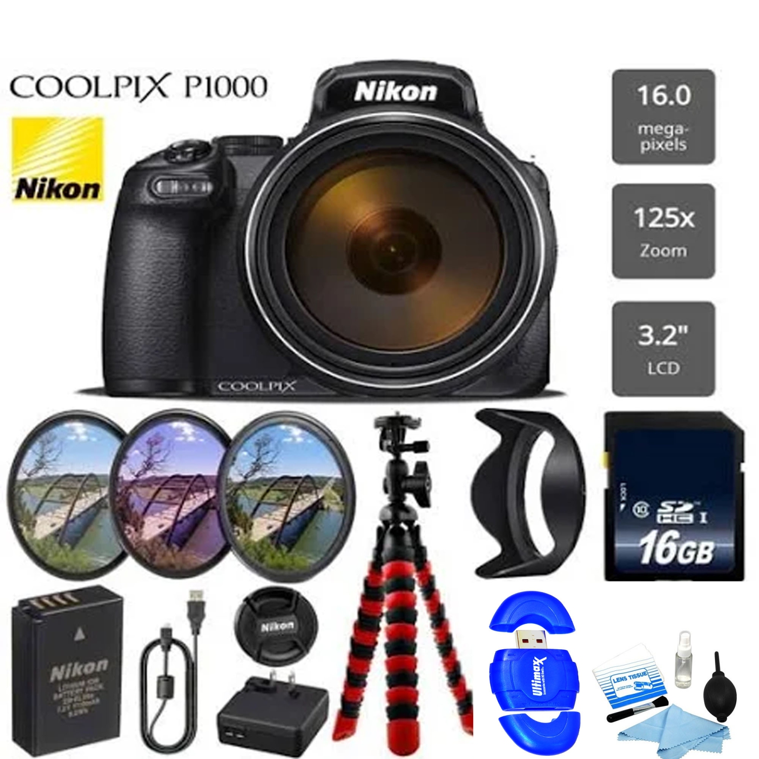 Nikon Coolpix P1000 16MP 125x Super-Zoom Digital Camera + 16GB & Additional Accessories Bundle Package - US Version w/ Seller Warranty