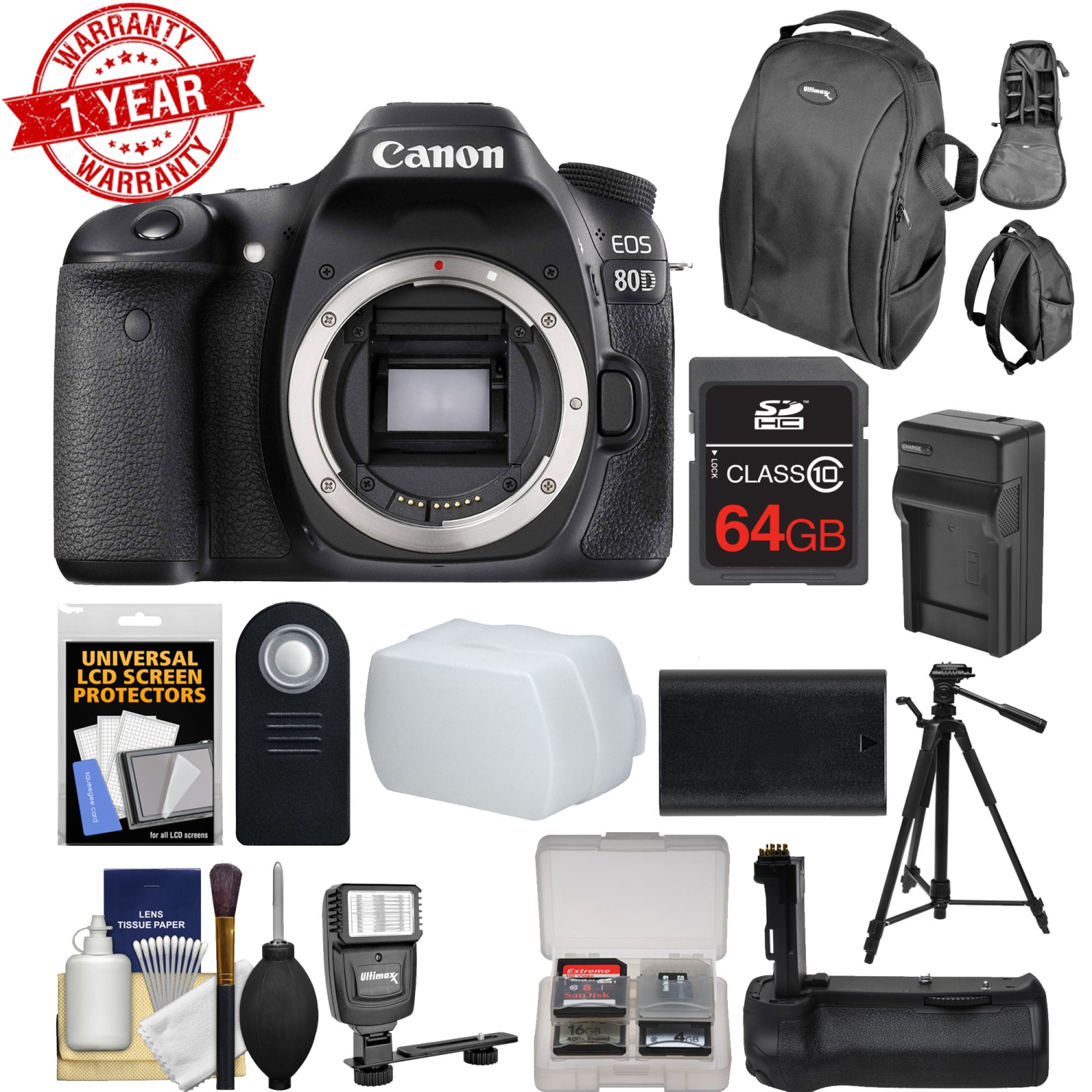 Canon EOS 80D 24.2 MP CMOS Digital SLR Camera - Memory + Flash Kit Deluxe Bundle - US Version w/ Seller Warranty