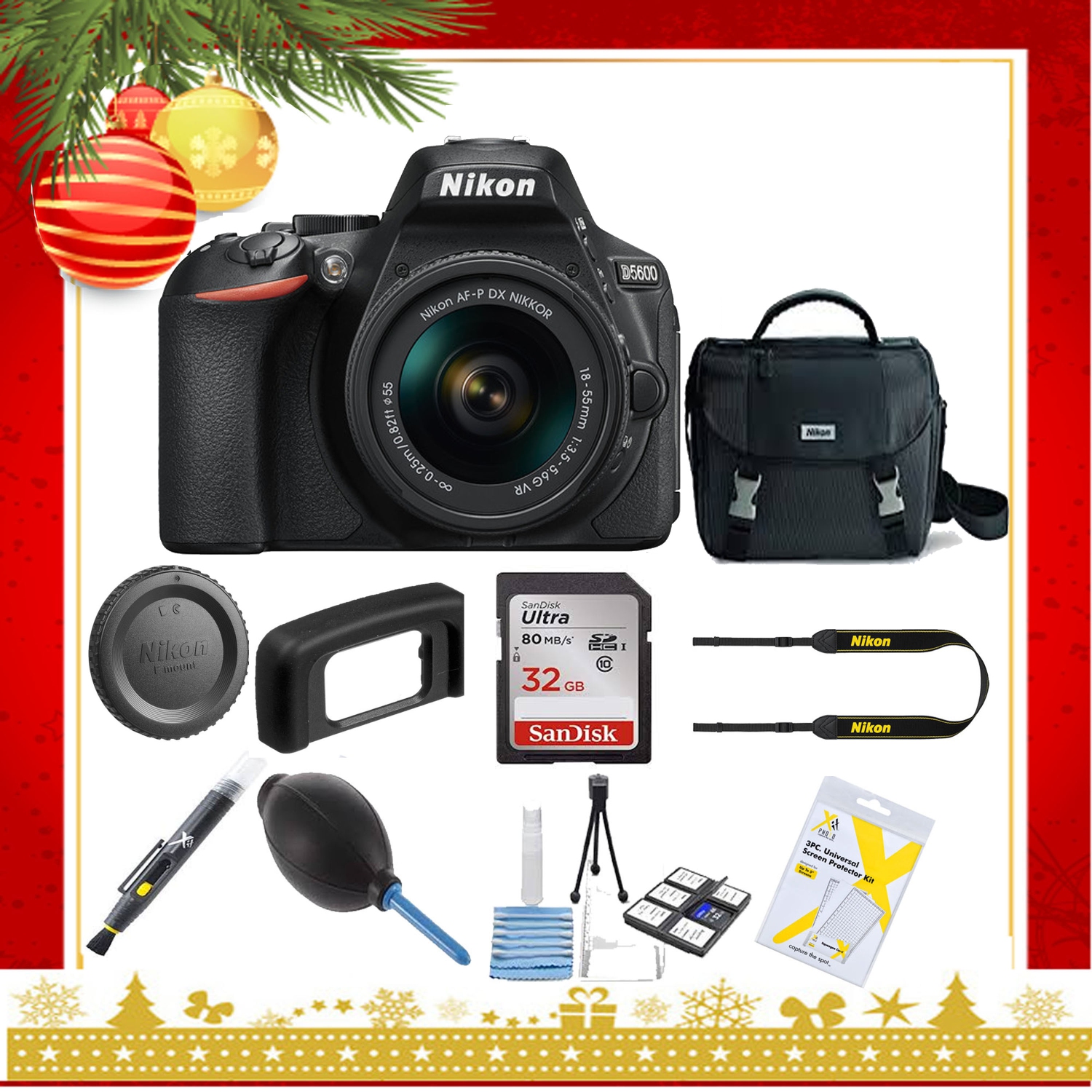 Nikon D5600 DSLR Camera with 18-55mm Lens (Black) |Nikon Case | Sandisk 32GB Memory Card |Cleaning Kit - Holiday Gift Special - US Version w/ Seller Warranty