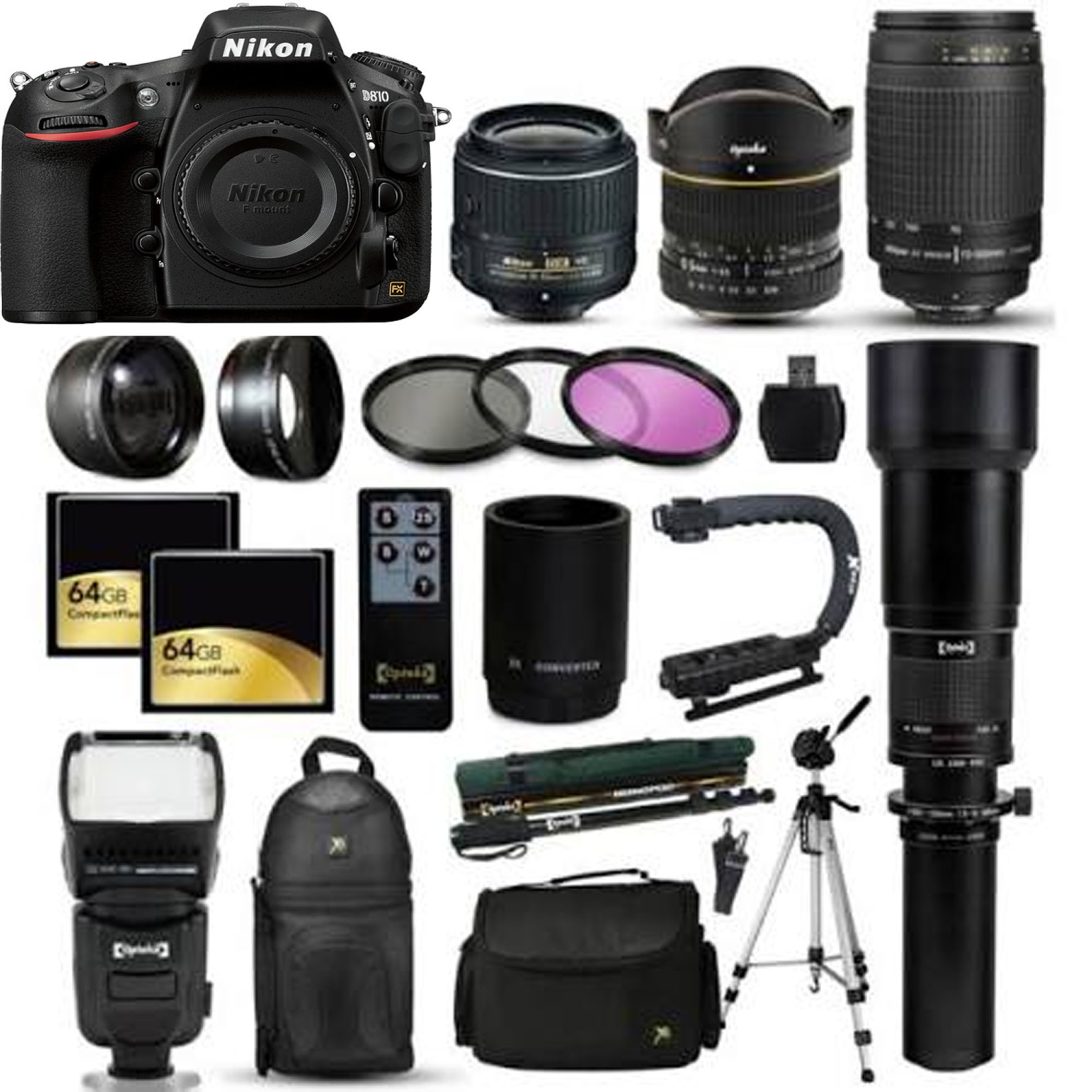 Nikon D810 DSLR Camera w/ 500mm Preset Lens, 50mm f/1.8D AF and 70-300mm & More - US Version w/ Seller Warranty