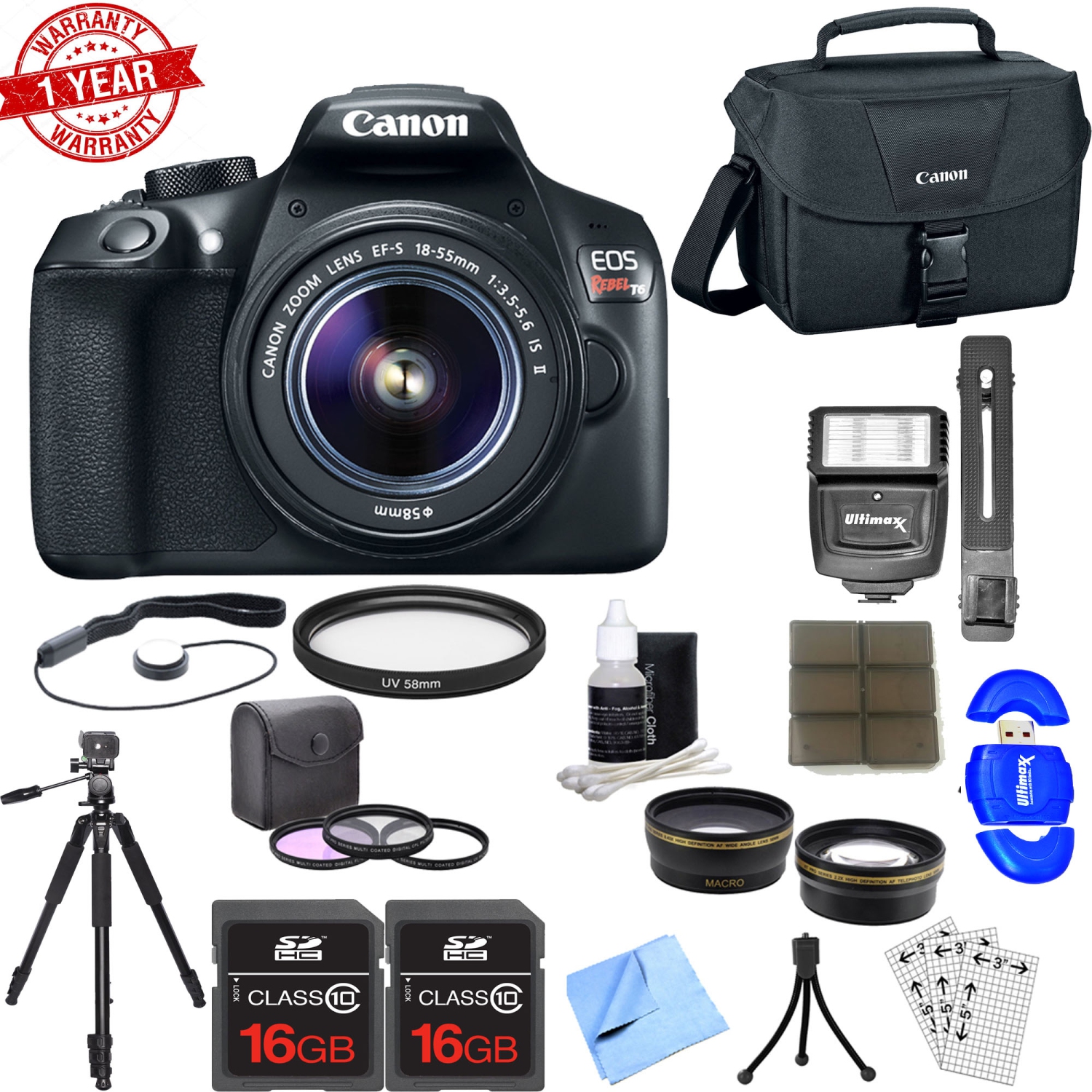 Canon EOS Rebel 1300D / T6 Digital SLR Camera w/ 18-55mm Lens| Filters | Memory Cards, Tripod, Flash, Cleaning Kit and More - US Version w/ Seller