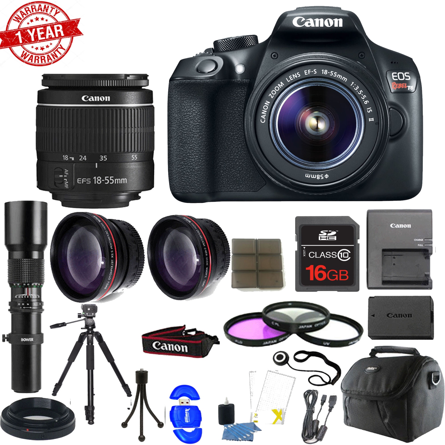 Canon EOS Rebel 1300D/T6 18MP DSLR Camera W/ 18-55mm Lens | 500mm Preset Lens Essential Bundle - US Version w/ Seller Warranty