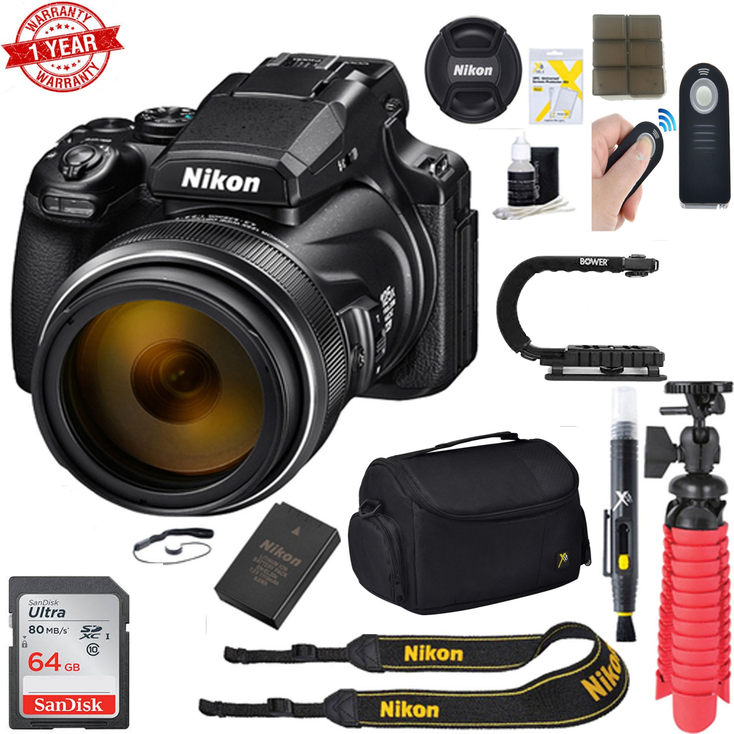 Nikon Coolpix P1000 16MP 125x Super-Zoom Digital Camera + 64GB Accessory Kit - US Version w/ Seller Warranty