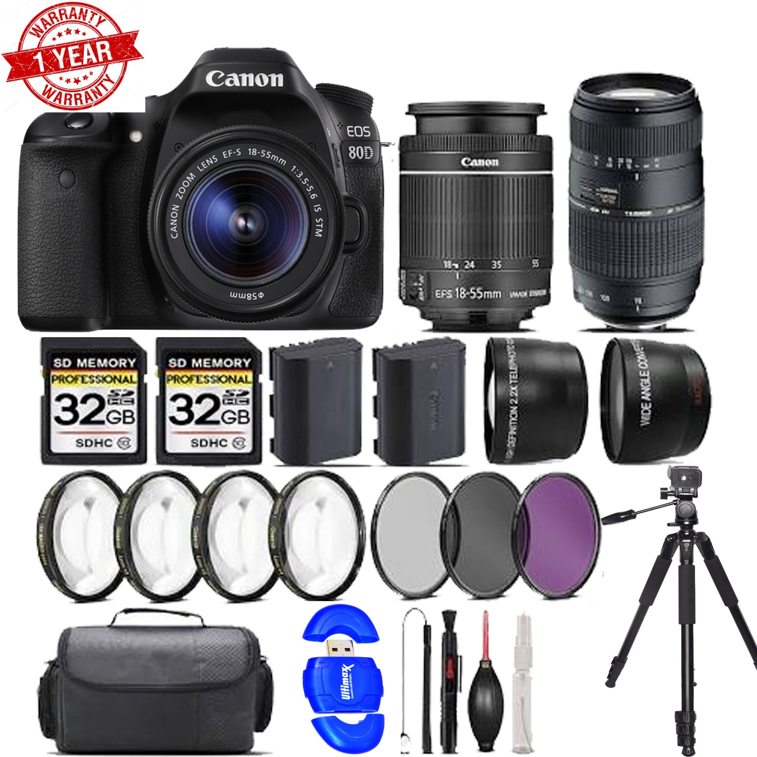 Canon Eos 80D DSLR Camera + 18-55mm Is STM Lens + 70-300mm Lens + 4pc Macro Kit, Black - US Version w/ Seller Warranty