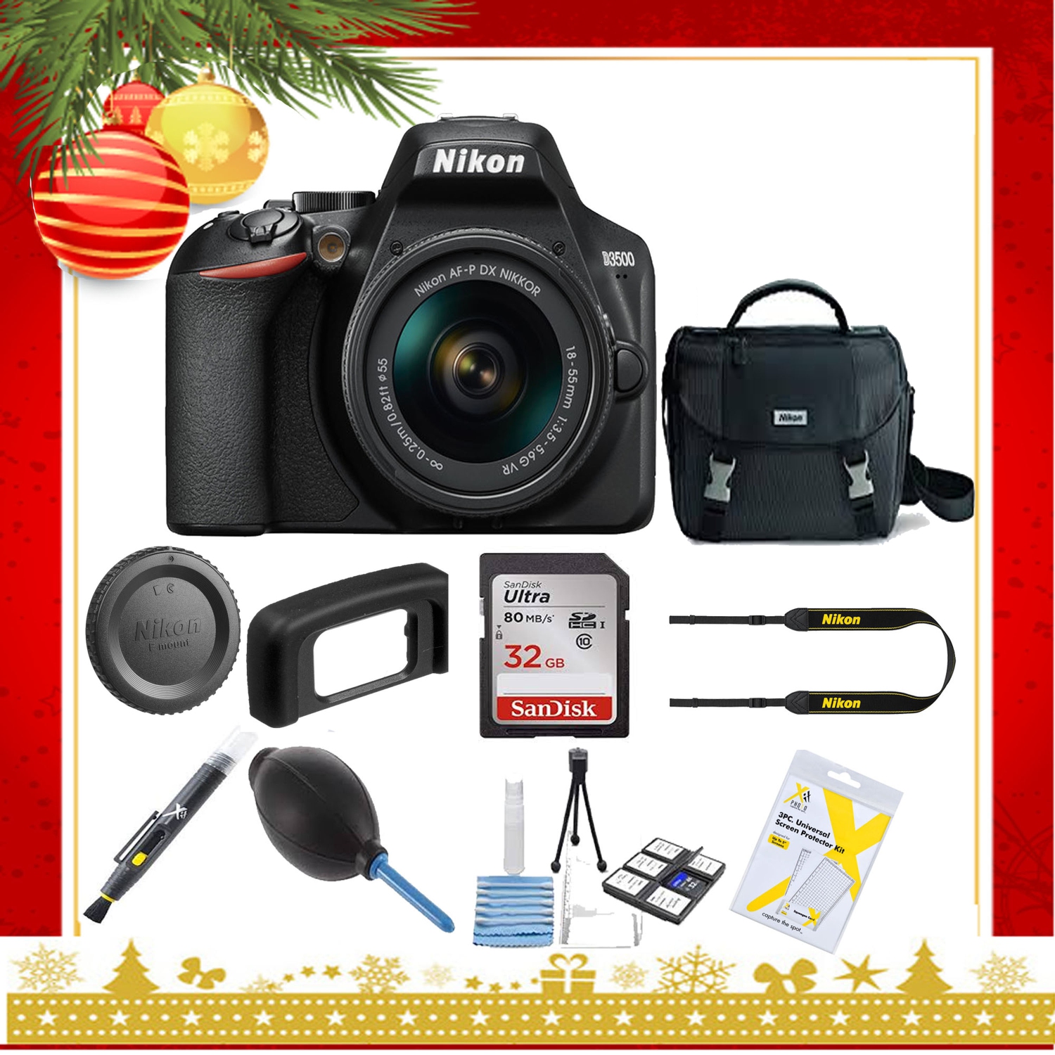 Nikon D3500 DSLR Camera with 18-55mm Lens |Nikon Case | Sandisk 32GB Memory Card |Cleaning Kit - Holiday Gift Special - US Version w/ Seller Warranty