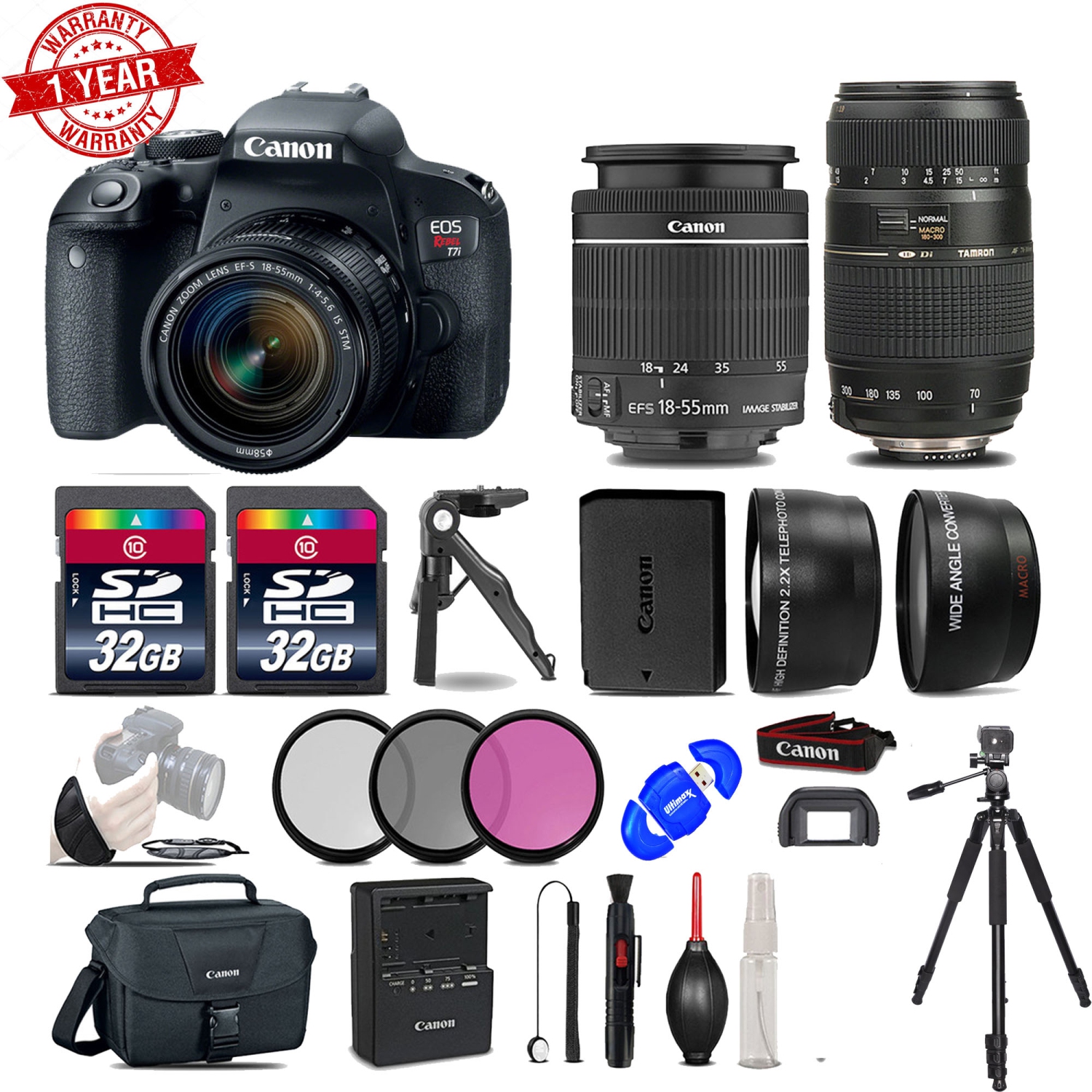 Canon EOS Rebel T7i 800D 24.2MP DSLR Camera w/ 18-55mm and 70-300mm Lens Bundle - US Version w/ Seller Warranty