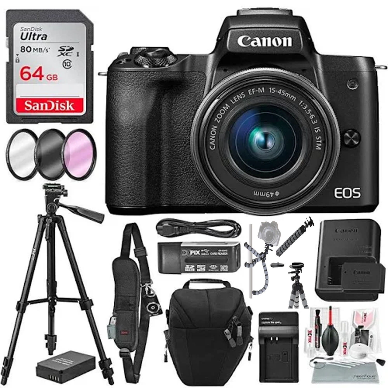 Canon EOS M50 Mirrorless Digital Camera with 15-45mm Lens and 64GB SD Card + Deluxe Photo Travel Bundle - US Version w/ Seller Warranty