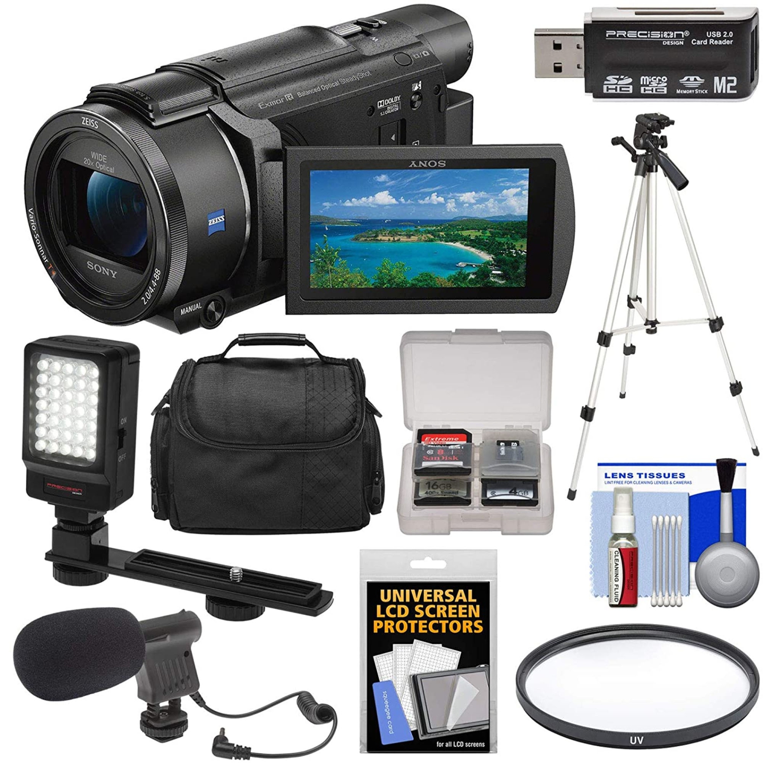Sony FDR-AX53 4K Ultra HD Handycam Camcorder with LED Light | Microphone | Case | Tripod | Kit - US Version w/ Seller Warranty