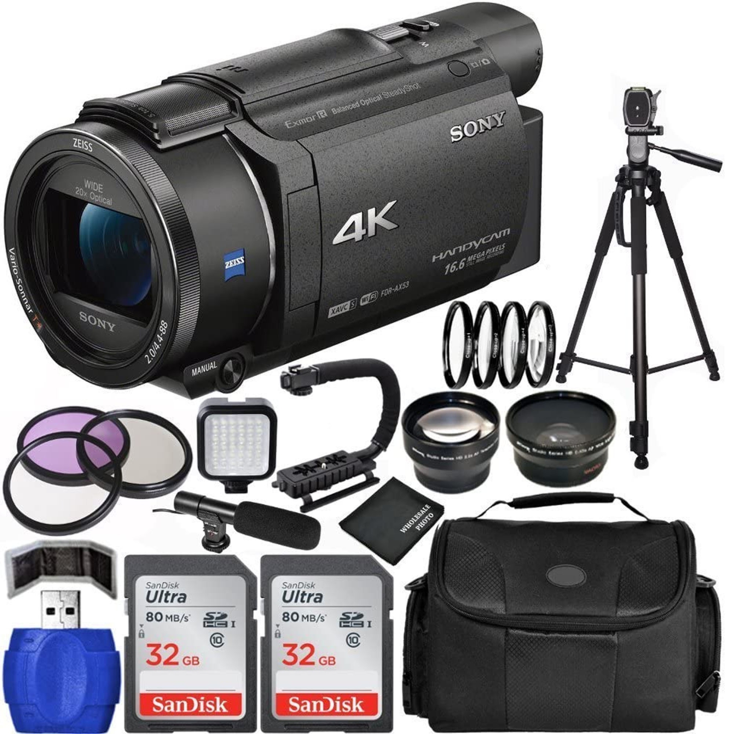 Sony FDR-AX53 4K Ultra HD Handycam Camcorder Bundle with Carrying Case and Accessory Kit - US Version w/ Seller Warranty