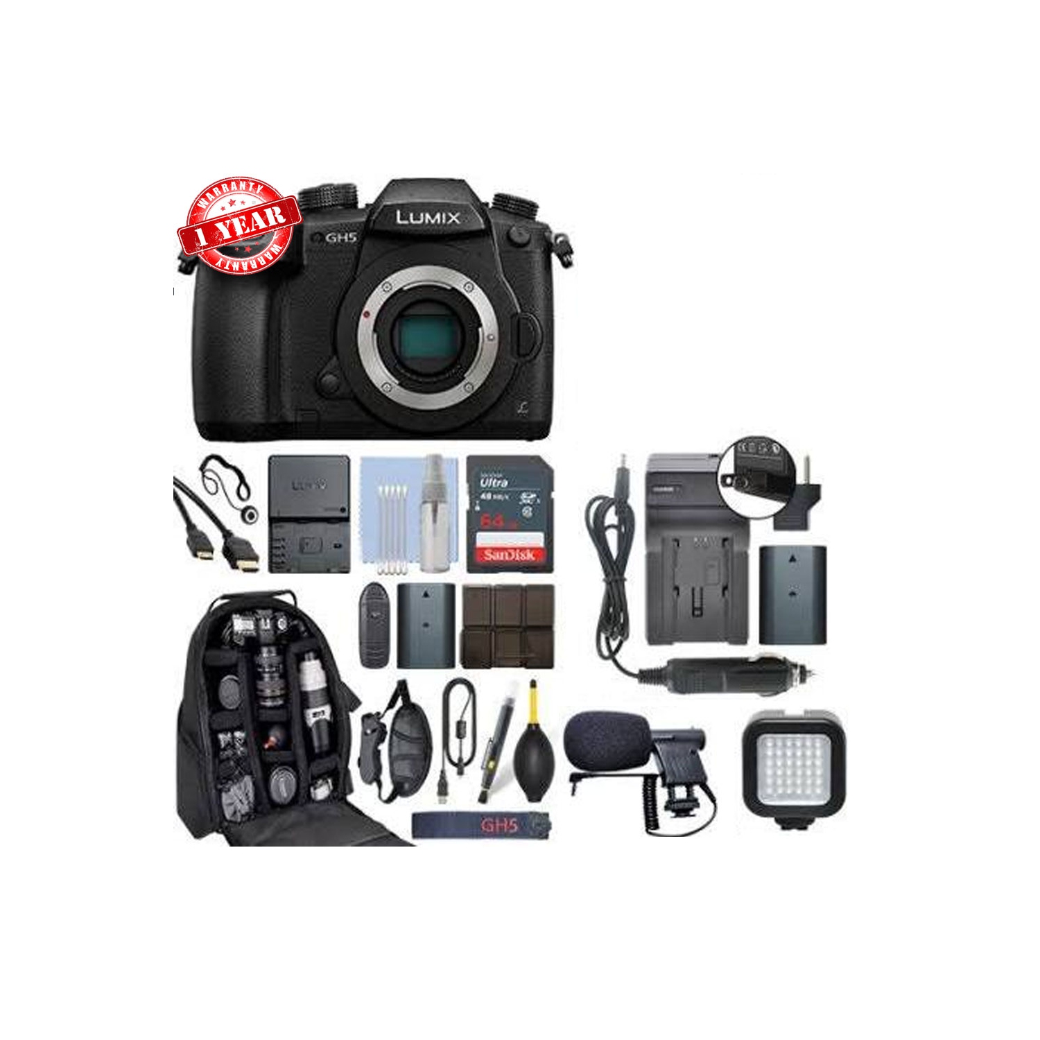 Panasonic Lumix DC-GH5 Mirrorless Micro 4/3 Camera Body W/ 64GB Memory Card Deluxe Bundle - US Version w/ Seller Warranty