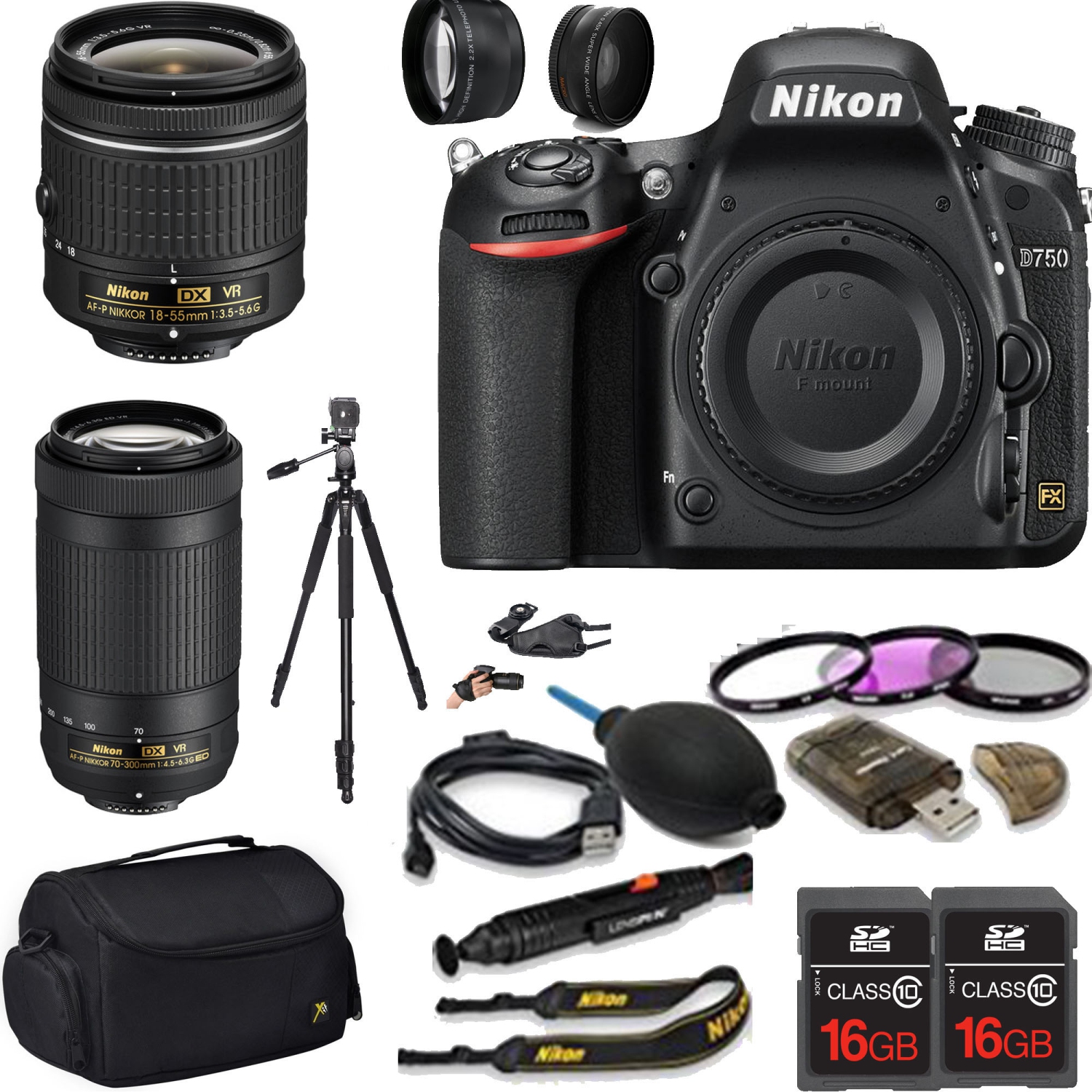 Nikon D750 DSLR Camera with Nikon 18-55mm f/3.5-5.6G VR Lens Nikon 70-300mm ED VR Wideangle Lens Telephoto Lens - US Version w/ Seller Warranty