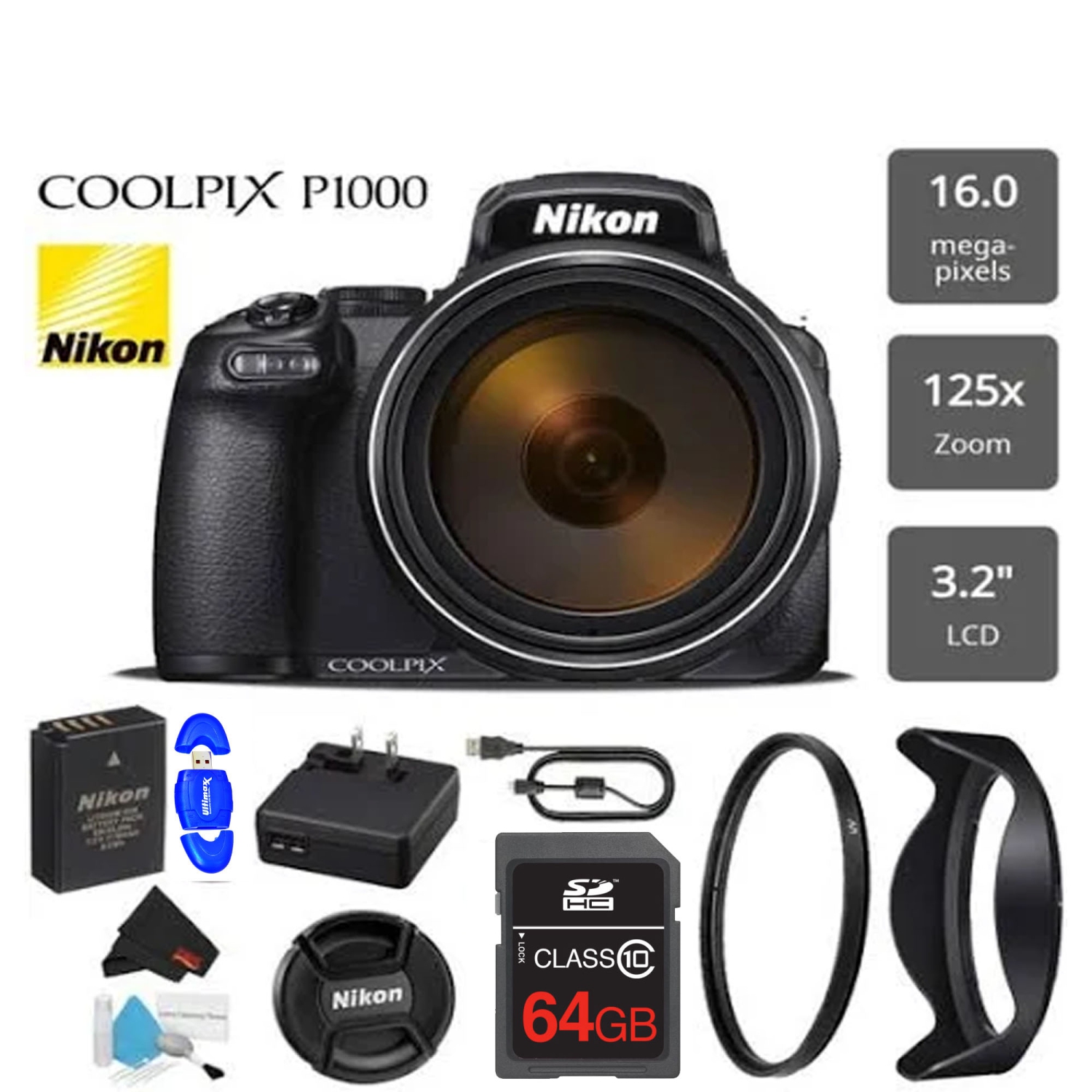 Nikon Coolpix P1000 16MP 125x Super-Zoom Digital Camera + 64GB Starter Kit - US Version w/ Seller Warranty