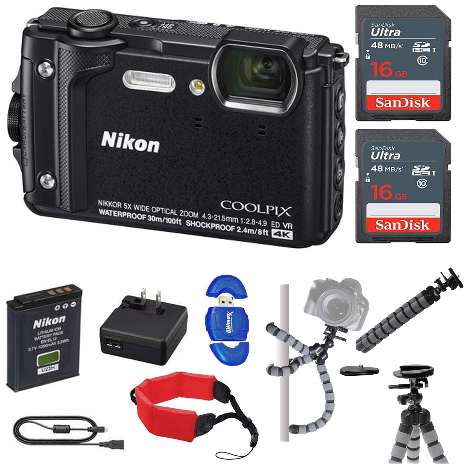 Nikon COOLPIX W300 Digital Camera (Black) with 2x 16GB Memory Cards Floating Strap Starter Kit - US Version w/ Seller Warranty