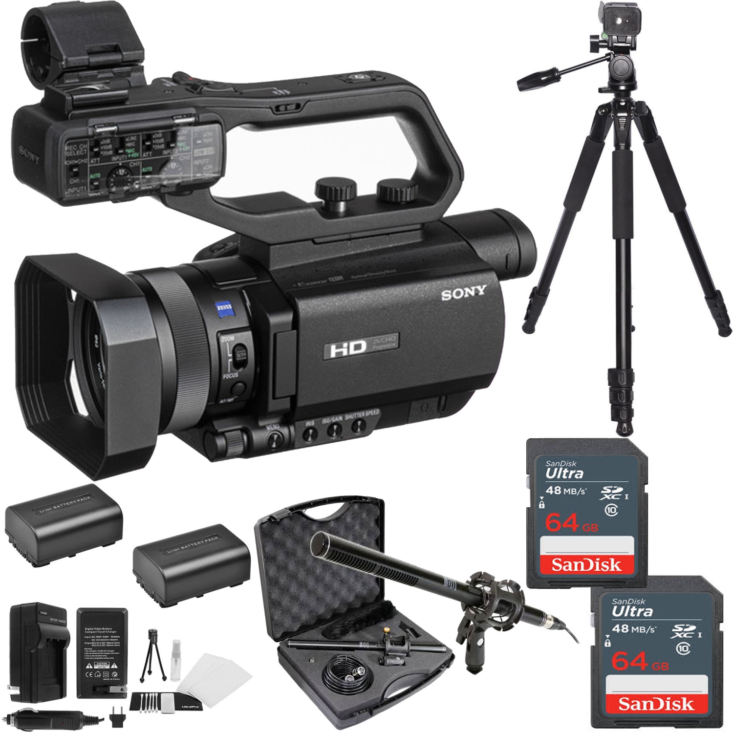 Sony HXR-MC88 Full HD Camcorder with 2x 64GB Sandisk MCs | Microphone Kit | 2x Spare Batteries & AC/DC Charger | Tripod Bundle - US Version w/ Seller Warranty