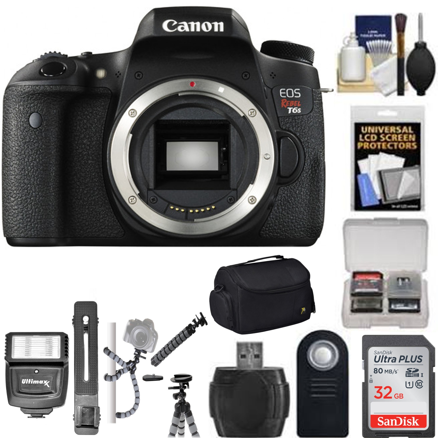 Canon EOS Rebel T6s Wi-Fi Digital SLR Camera Body with 32GB Card + Case + Strap + Flash + Remote = Deluxe kit - US Version w/ Seller Warranty