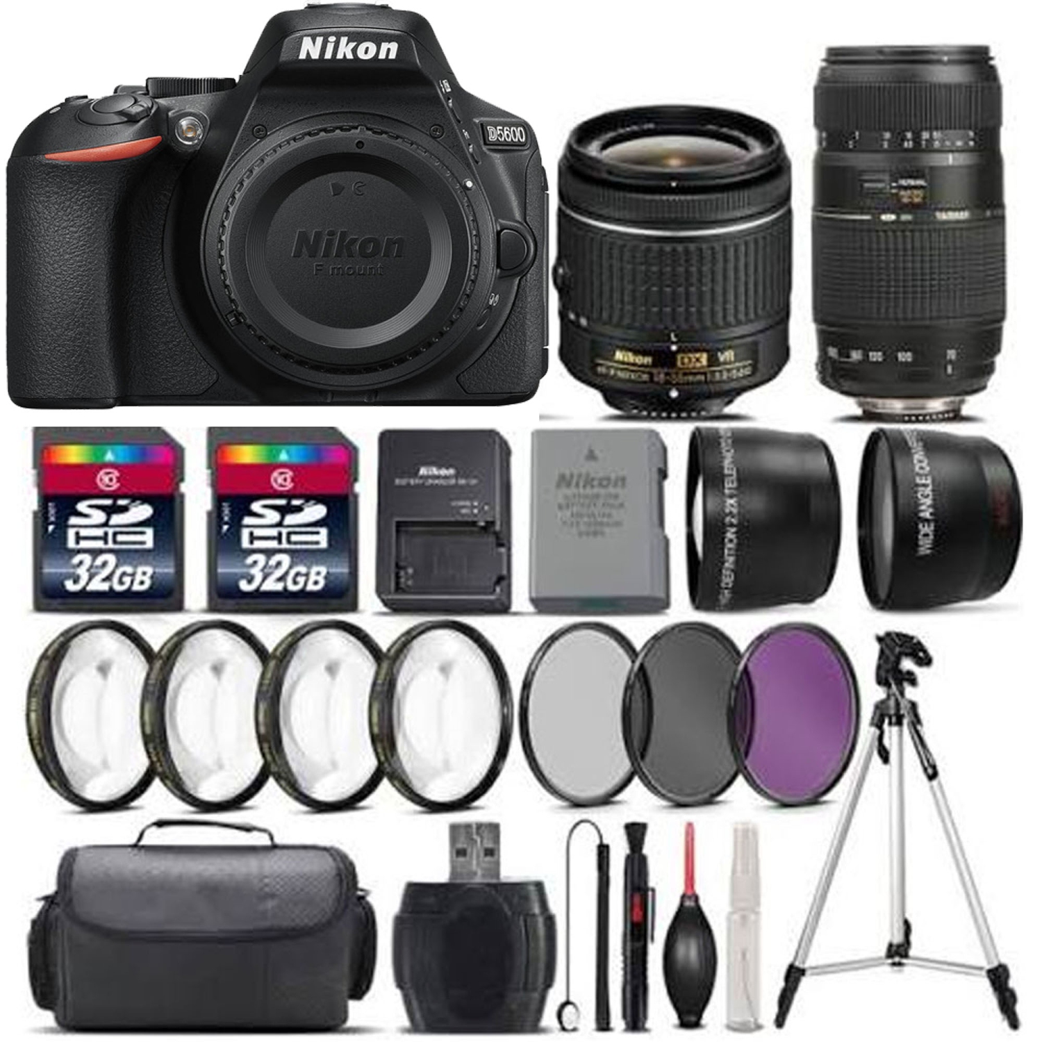 Nikon D5600 DSLR Camera with 18-55mm VR Lens + 70-300 Lens + 64GB Bundle Kit - US Version w/ Seller Warranty