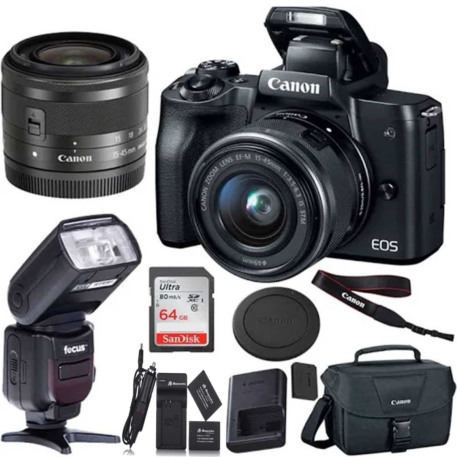 Canon EOS M50 Mirrorless Digital Camera with 15-45mm Lens with Professional Flash Bundle - US Version w/ Seller Warranty