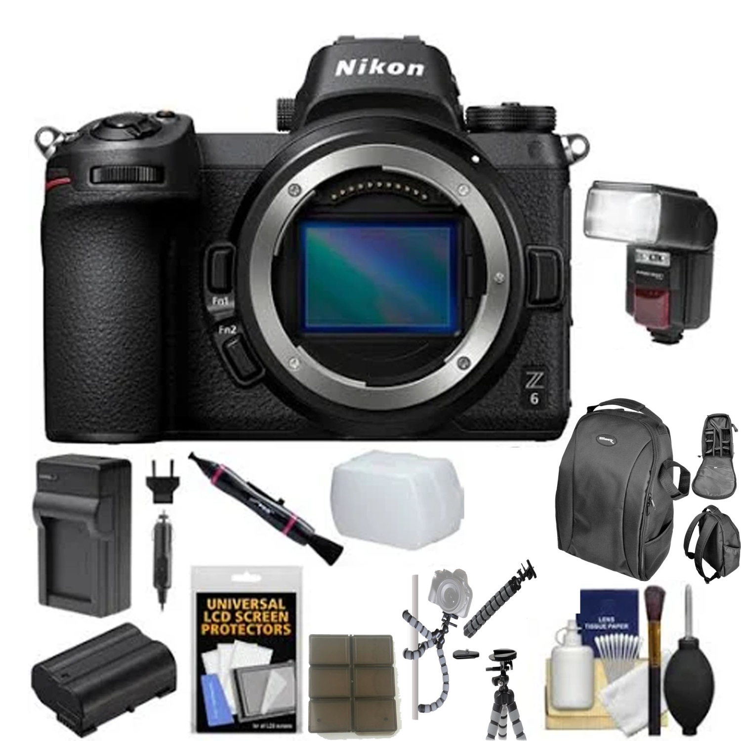 Nikon Z6 Mirrorless Digital Camera with Backpack Flash Battery Charger Kit USA - US Version w/ Seller Warranty