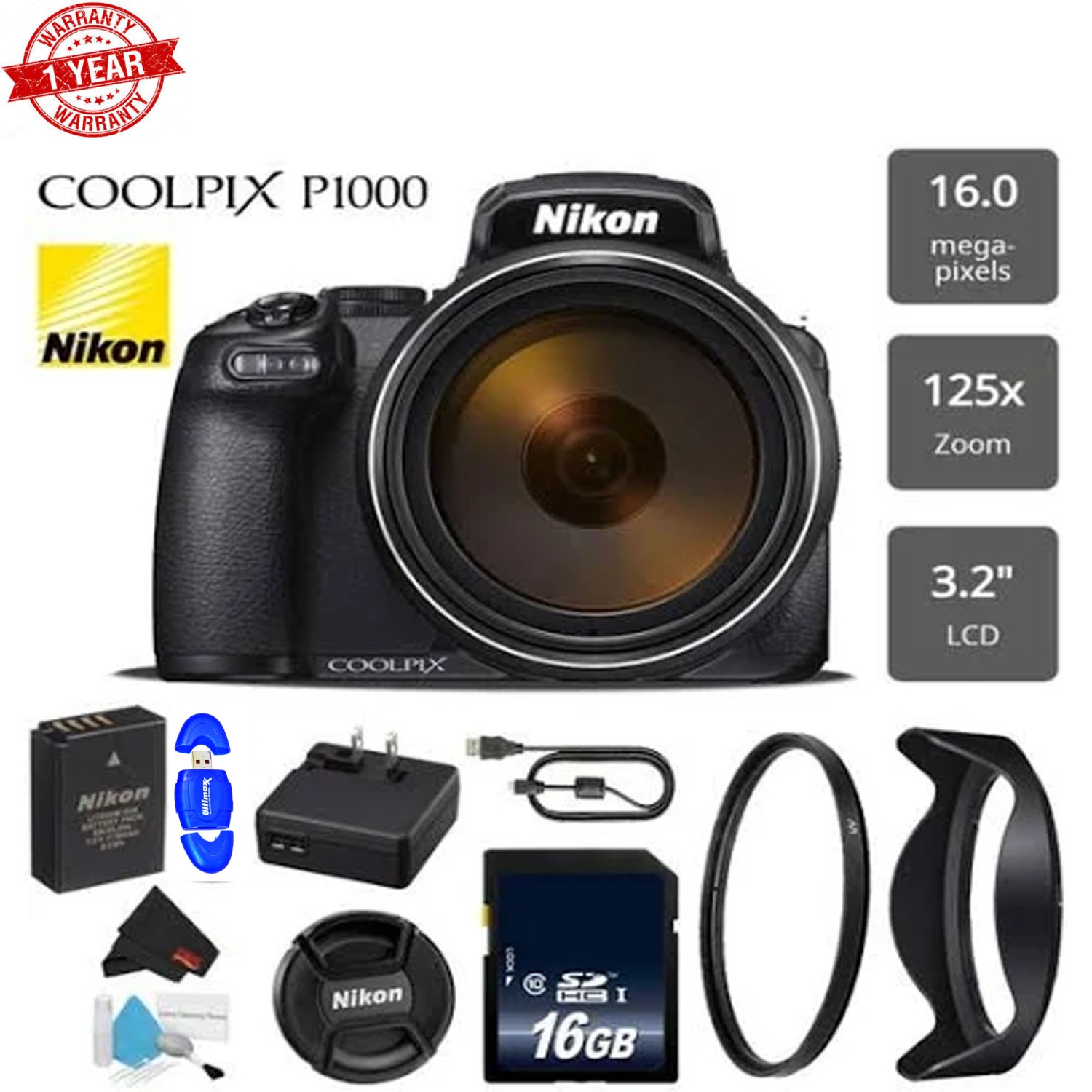Nikon Coolpix P1000 16MP 125x Super-Zoom Digital Camera + 16GB Starter Kit - US Version w/ Seller Warranty