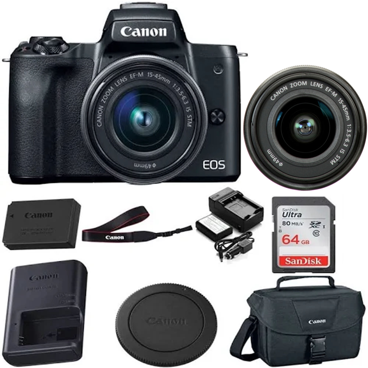 Canon EOS M50 Mirrorless Digital Camera with 15-45mm Lens with 64GB Starter Kit - US Version w/ Seller Warranty