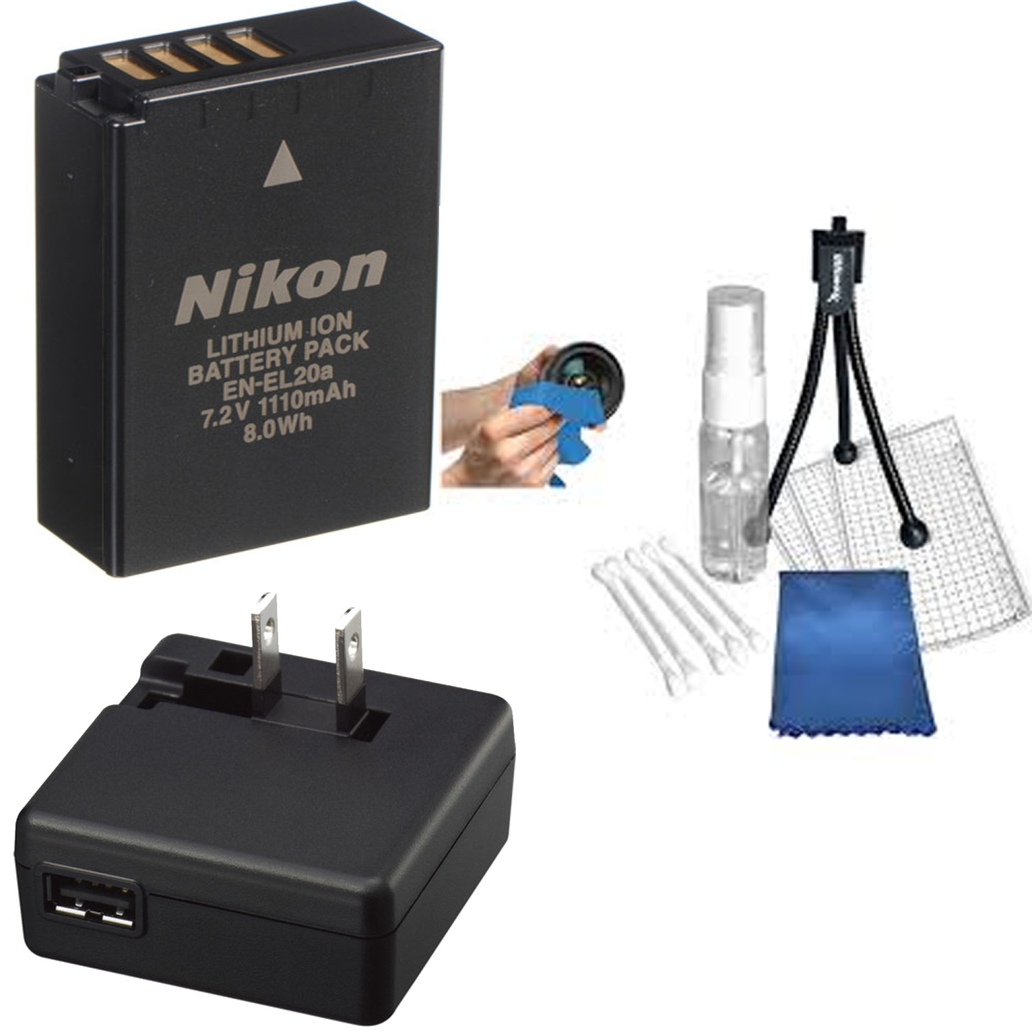 Nikon EN-EL20A Battery & Nikon EH-73P Adapter with Cleaning Kit - US Version w/ Seller Warranty