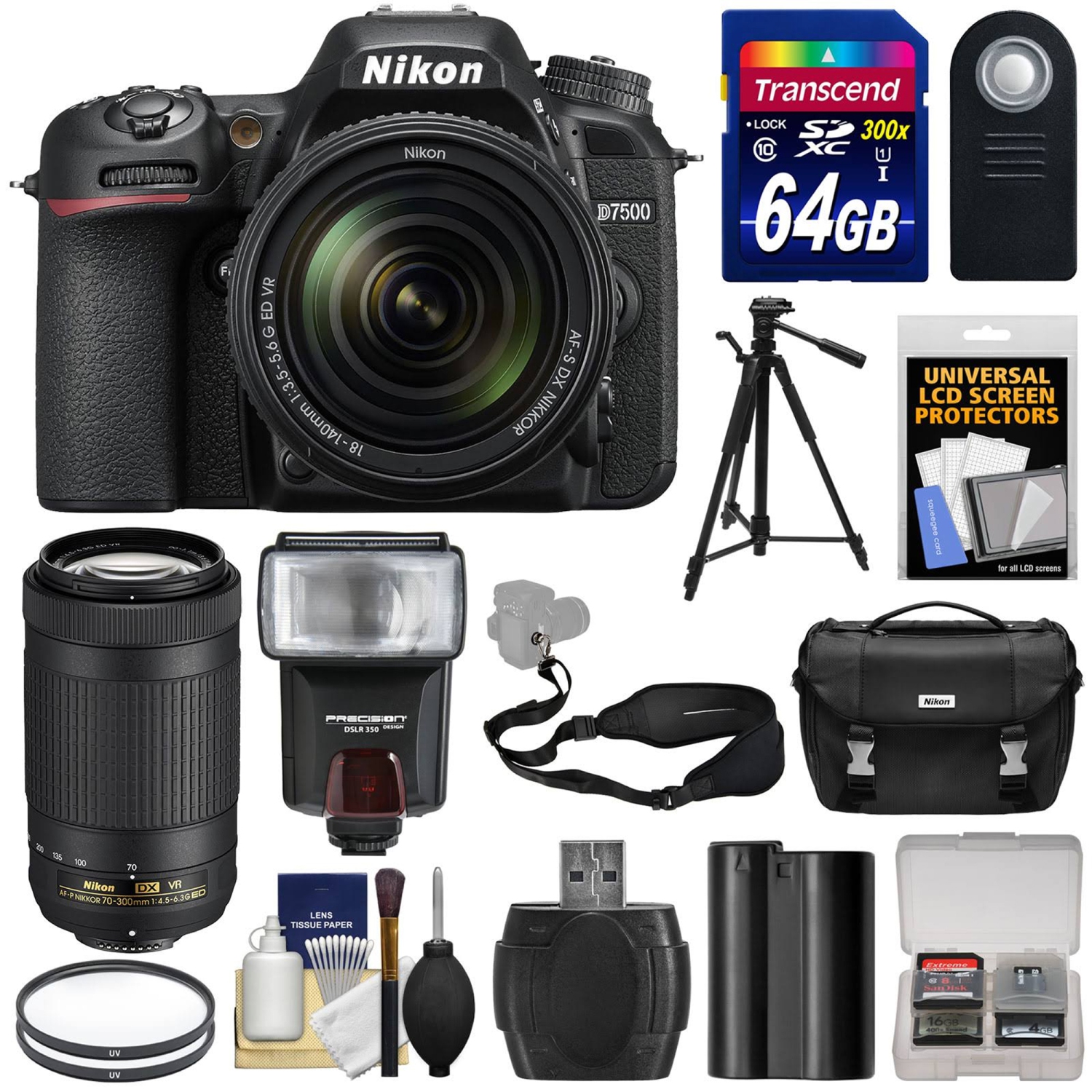Appareil photo reflex numérique D7500 4K de Nikon avec 18-140&nbsp;mm VR et objectif 70-300&nbsp;mm VR DX AF-P + carte 64&nbsp;Go + batterie + étui +