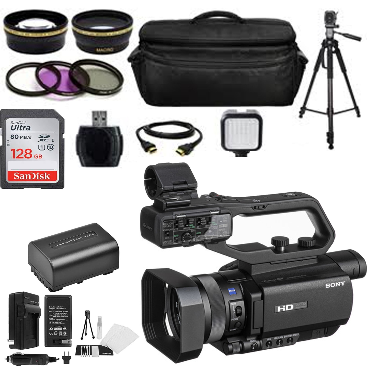 Sony HXR-MC88 Full HD Camcorder with Sandisk 128GB MC | Spare Battery & AC/DC Charger Essential Bundle - US Version w/ Seller Warranty