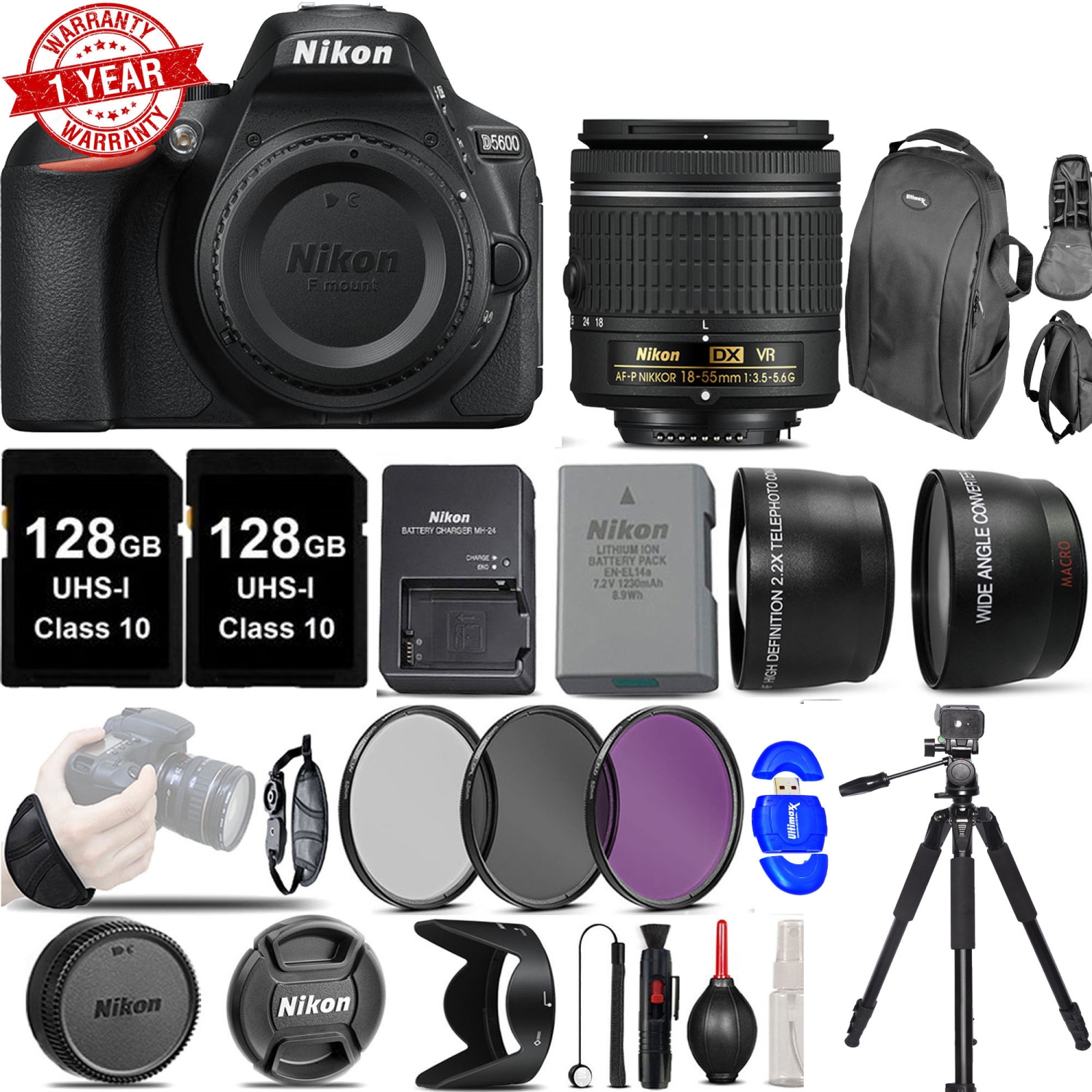 Nikon D5600 Digital SLR Camera 3 Lens 18-55mm VR w/ 256GB MC | Backpack | Tripod | Card Reader | Filters & More - US Version w/ Seller Warranty