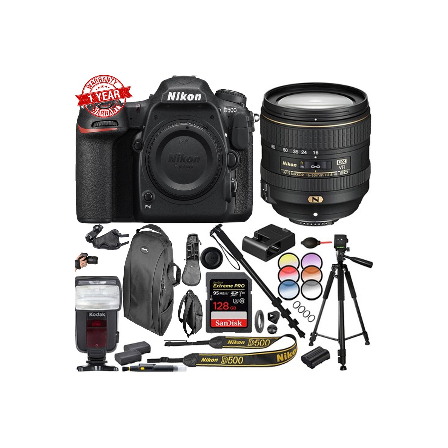 Nikon D500 20.9 MP CMOS DX Format SLR Camera 16-80mm VR Lens 128GB Backpack Kit - US Version w/ Seller Warranty
