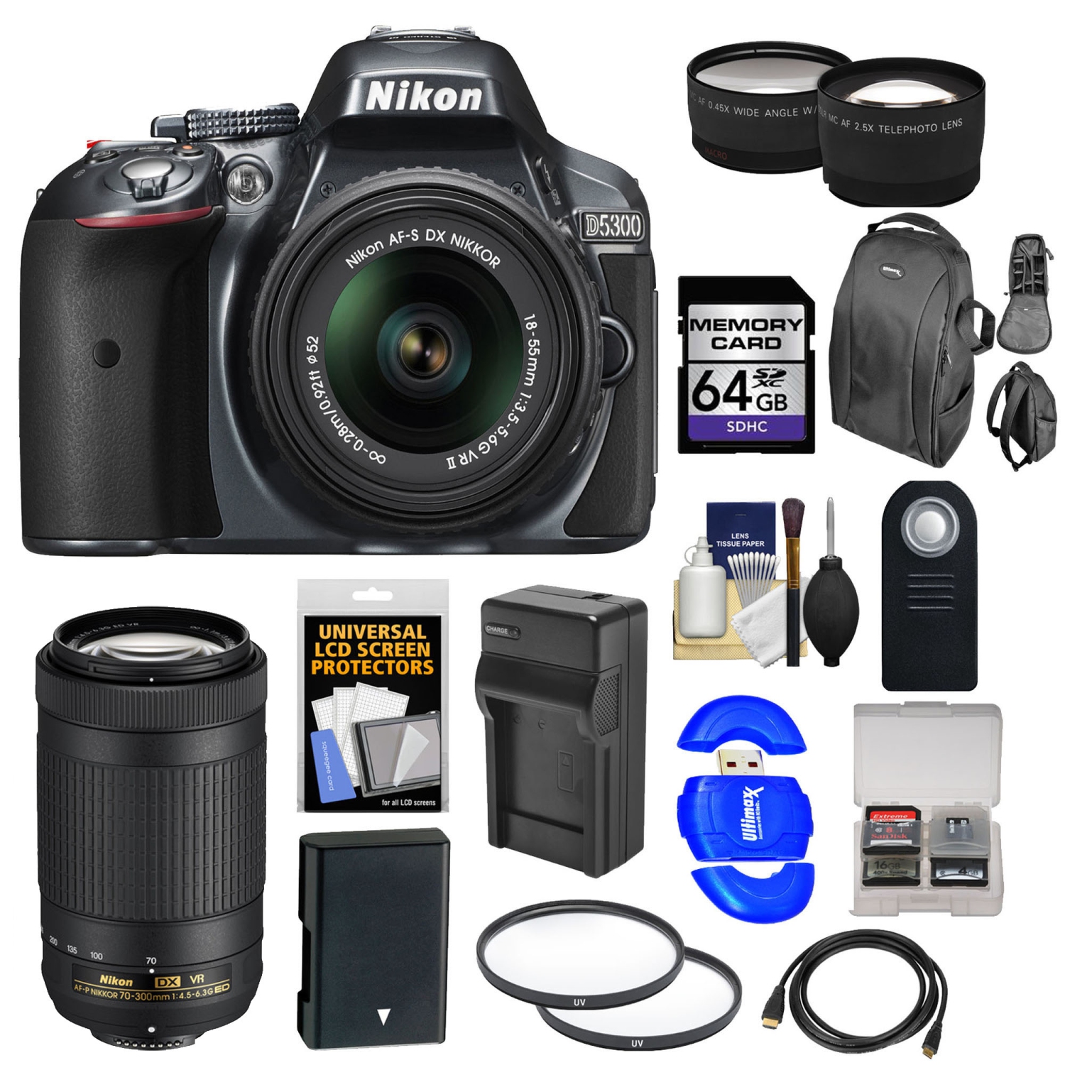 Nikon D5300 Digital SLR Camera & AF-P 18-55mm VR w/ 70-300MM VR Lens 64GB Card DELUXE BUNDLE - US Version w/ Seller Warranty