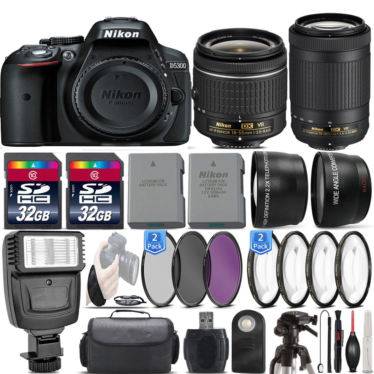Nikon D5300 24.2MP DSLR Camera||18-55mm VR Lens||70-300mm VR -64GB KIT - US Version w/ Seller Warranty