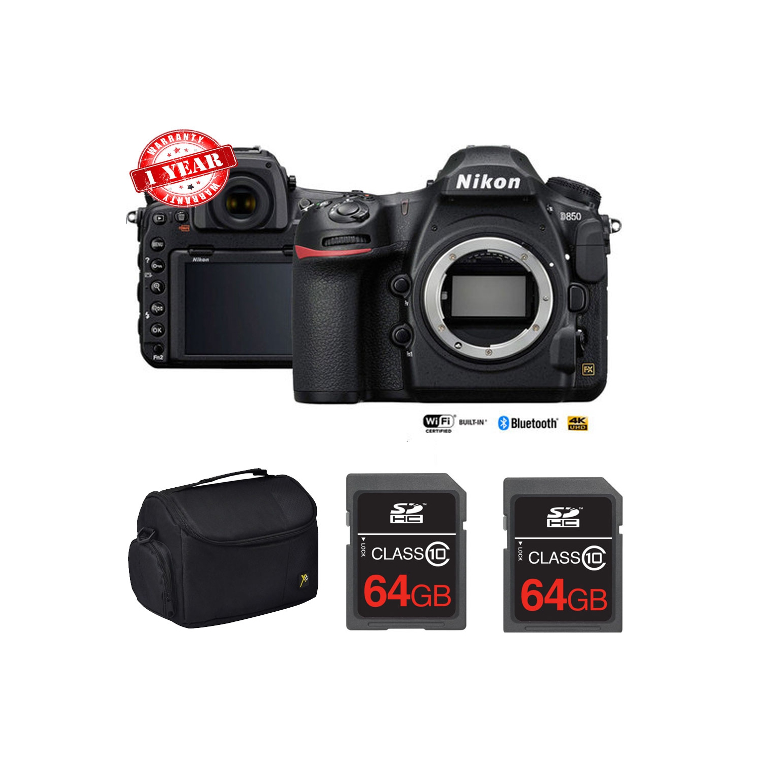 Nikon D850 45.7MP Full-Frame FX DSLR Camera (Body) with Dual 64GB Pro Memory Cards - US Version w/ Seller Warranty
