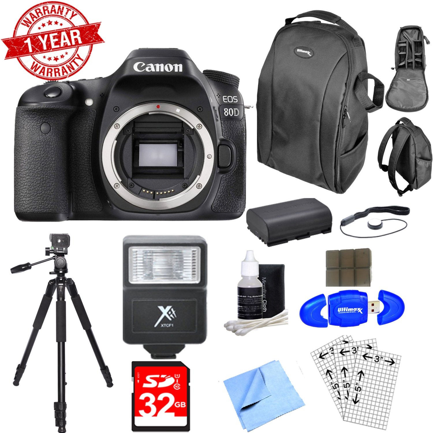 Canon EOS 80D 24.2 MP CMOS Digital SLR Camera-Includes Case, Tripod, 32GB MC, LP-E6 Battery, Flash, Cleaning Kit & More - US Version w/ Seller