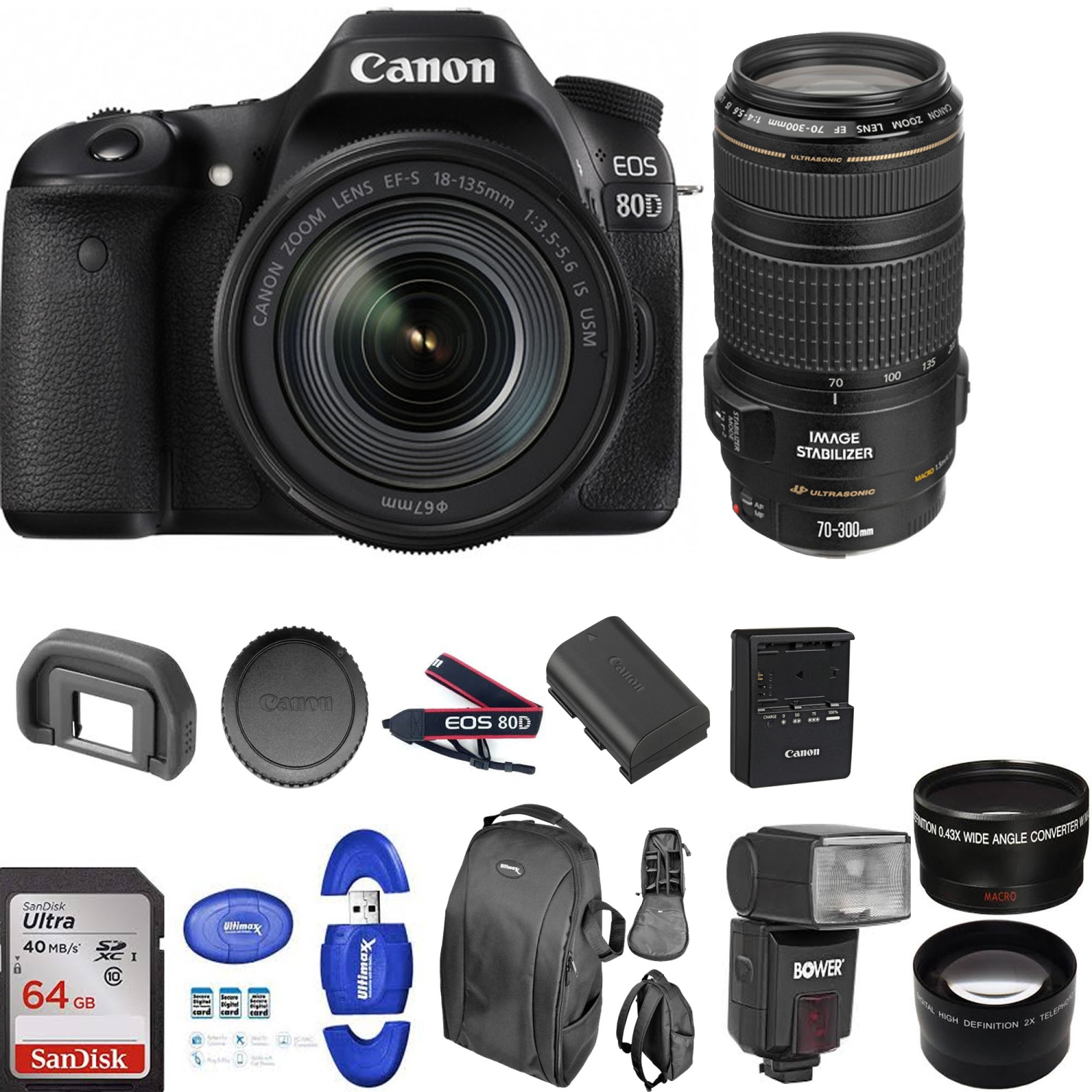Canon EOS 80D DSLR Camera with 18-135mm Lens | 70-300mm USM | 64GB Memory Card And More Kit - US Version w/ Seller Warranty