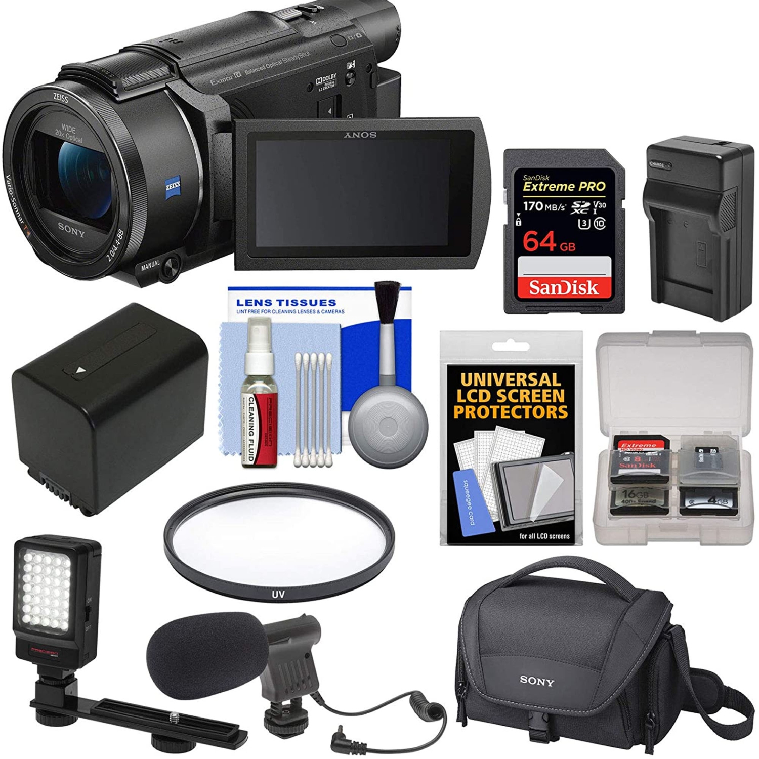 Sony FDR-AX53 4K Ultra HD Handycam Camcorder with 64GB Card | Battery & Charger | Case | Filter | LED Light | Microphone | Kit - US Version w/ Seller Warranty