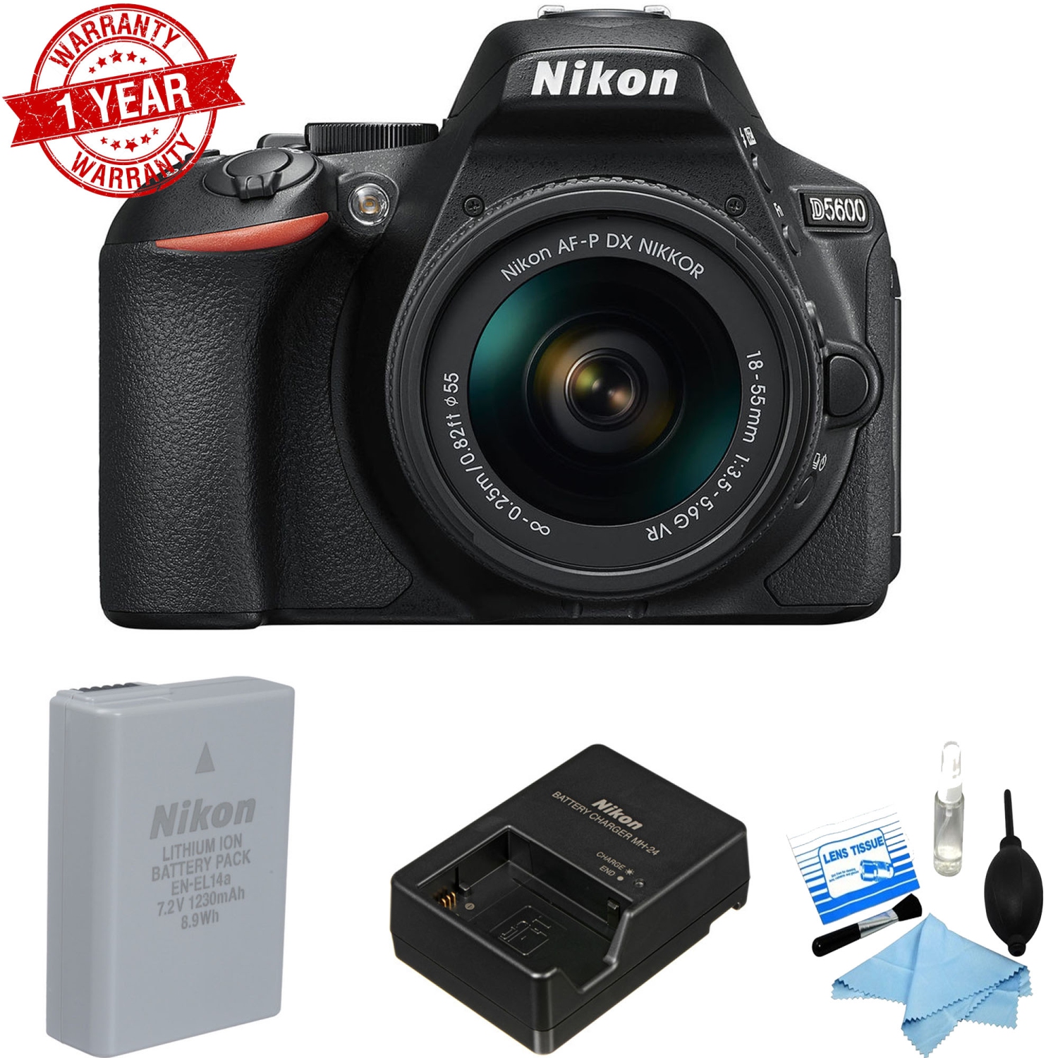 Nikon D5600 DSLR Camera with 18-55mm Lens (Black) USA W/ Cleaning Kit - US Version w/ Seller Warranty