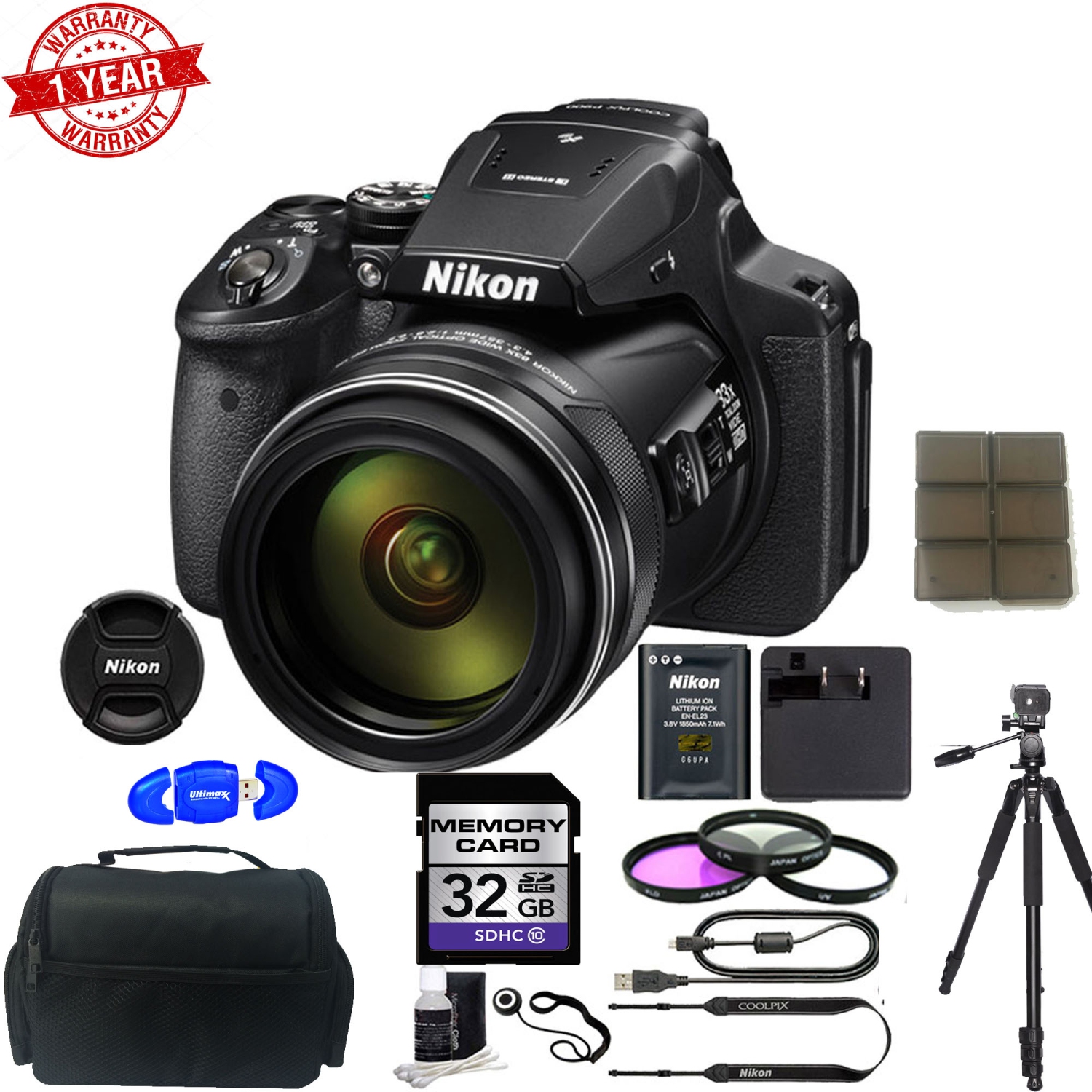 Nikon Coolpix P900 16.0 MP Compact Digital Camera- Black w/ 32GB MC | DSLR Bag | Tripod | Card Reader | Filters & Cleaning Kit - US Version w/ Seller Warranty