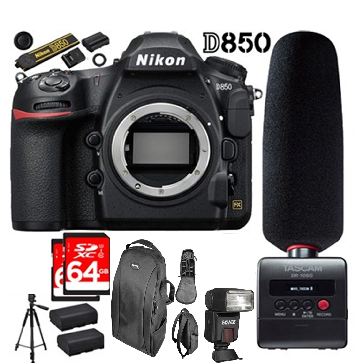 Nikon D850 45.7MP Full-Frame FX-Format DSLR Camera 64GB Tascam Audio Recorder Kit - US Version w/ Seller Warranty