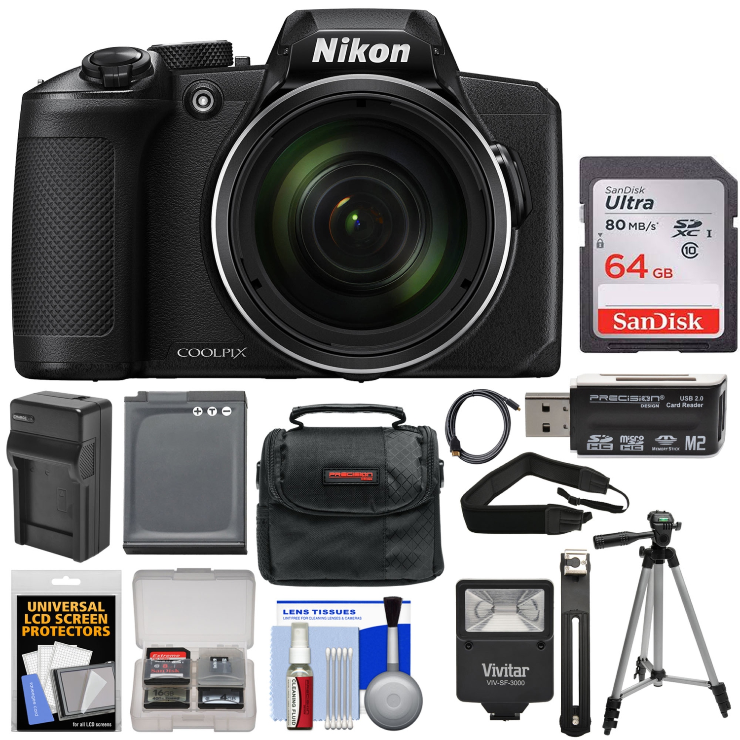 Nikon COOLPIX B600 Digital Camera (Black) with 64GB Card | Battery & Charger | Case | Flash | Tripod | Kit - US Version w/ Seller Warranty