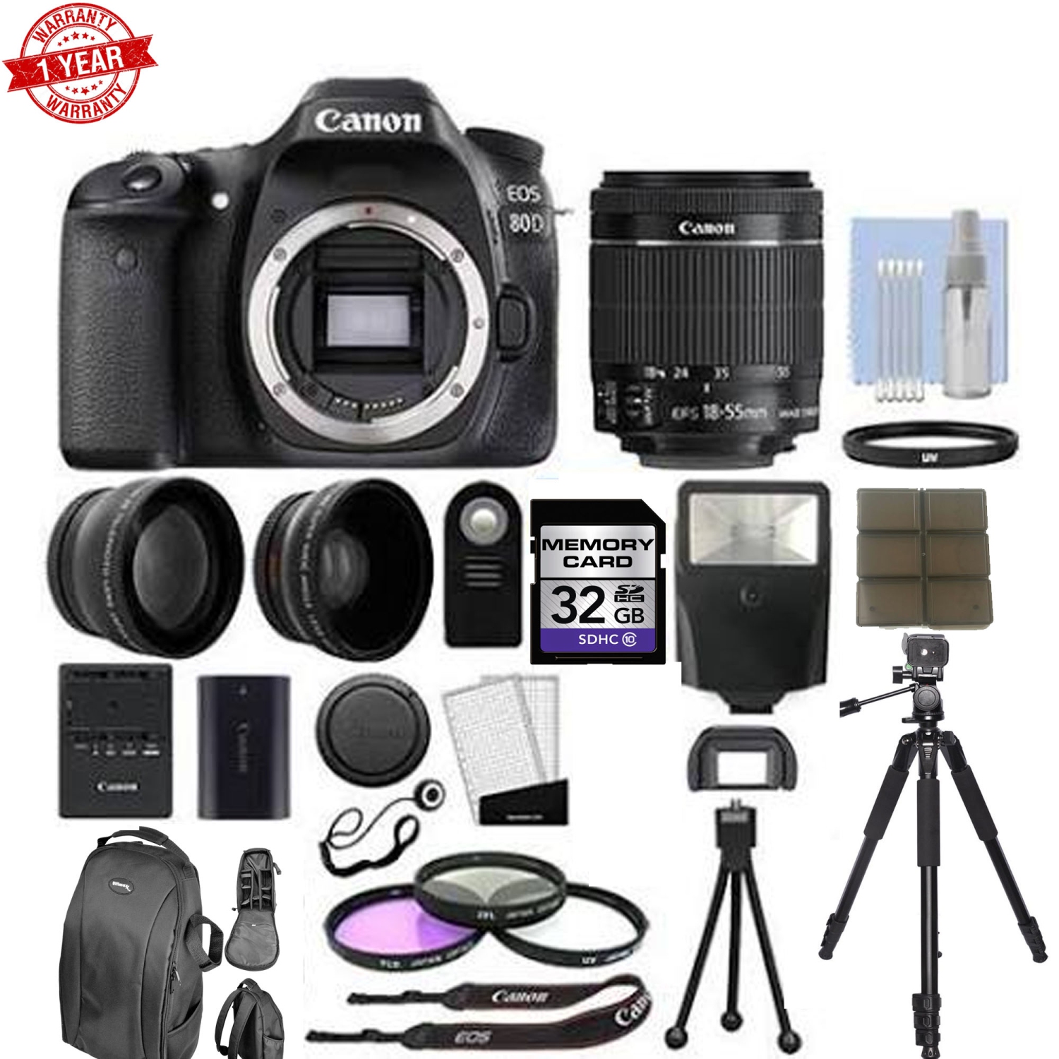 Canon EOS 80D Digital SLR Camera + 3 Lens: 18-55mm IS STM Lens + 32GB Bundle - US Version w/ Seller Warranty