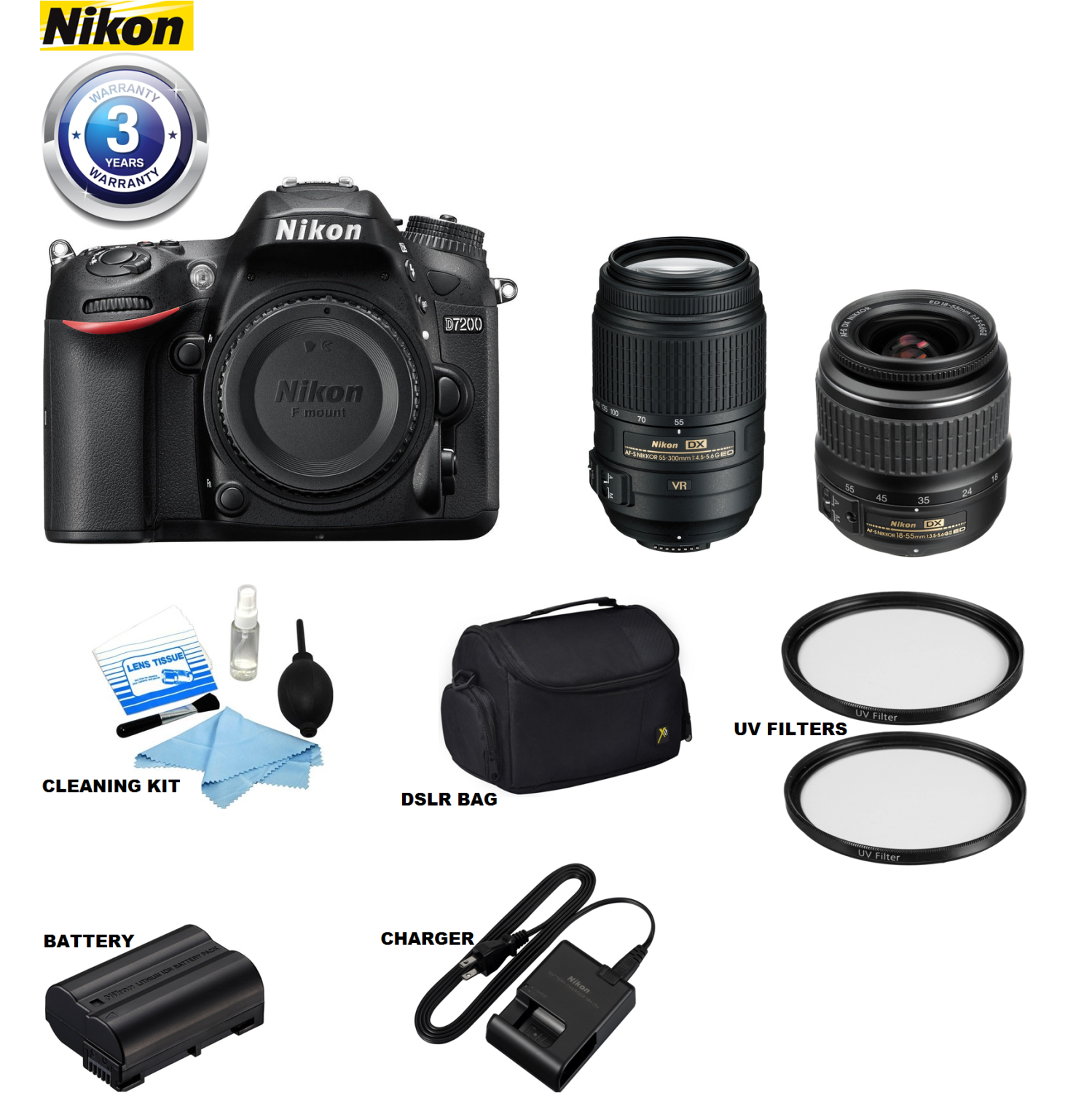 Nikon D7200 w/ 18-55mm f/3.5-5.6G VR Lens & 55-300mm Lens ED VR Lens USA - US Version w/ Seller Warranty
