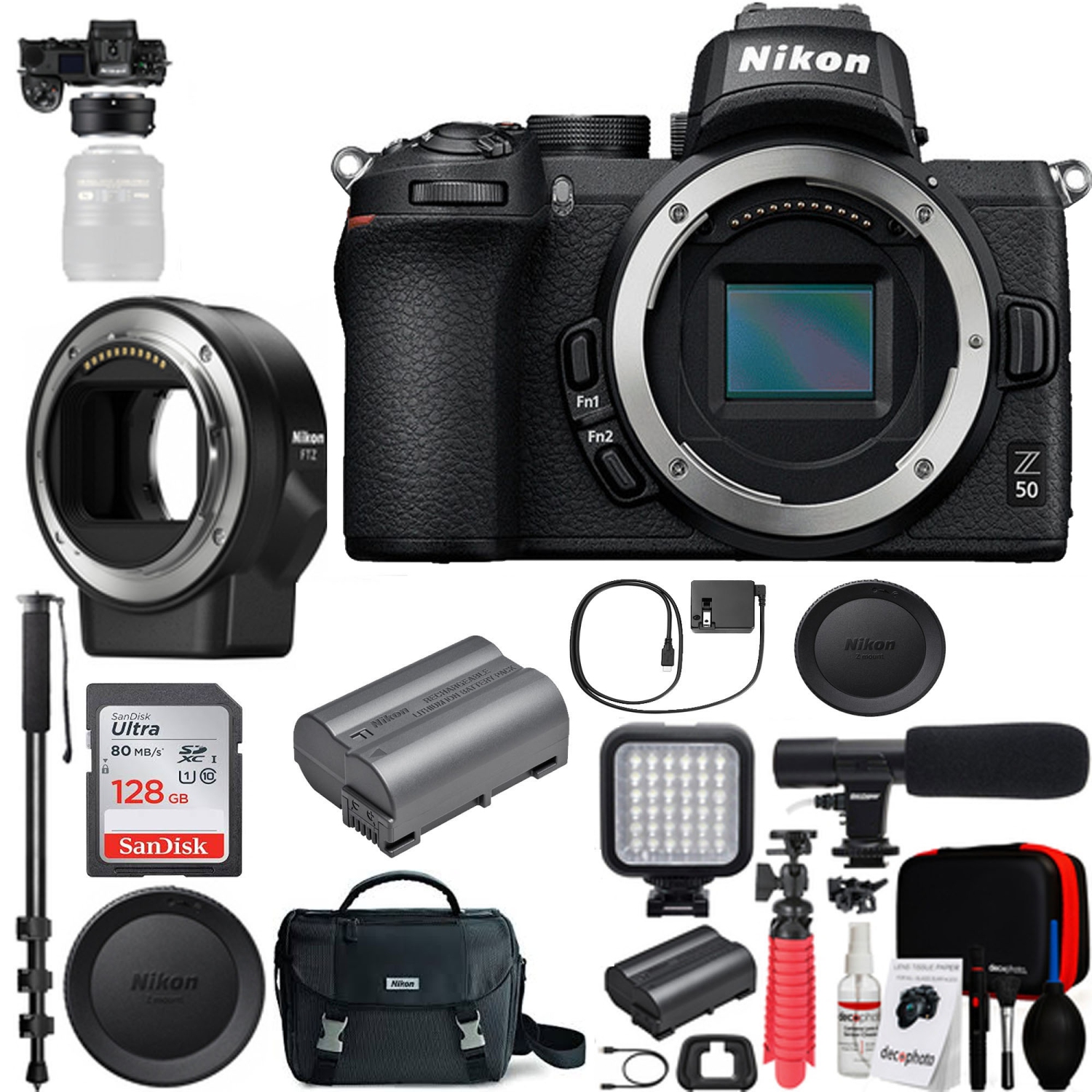 Nikon Z50 Mirrorless Digital Camera w/ FTZ Mount Adapter for F-Mount Lenses and 128GB Memory Card Deluxe Bundle - US Version w/ Seller Warranty