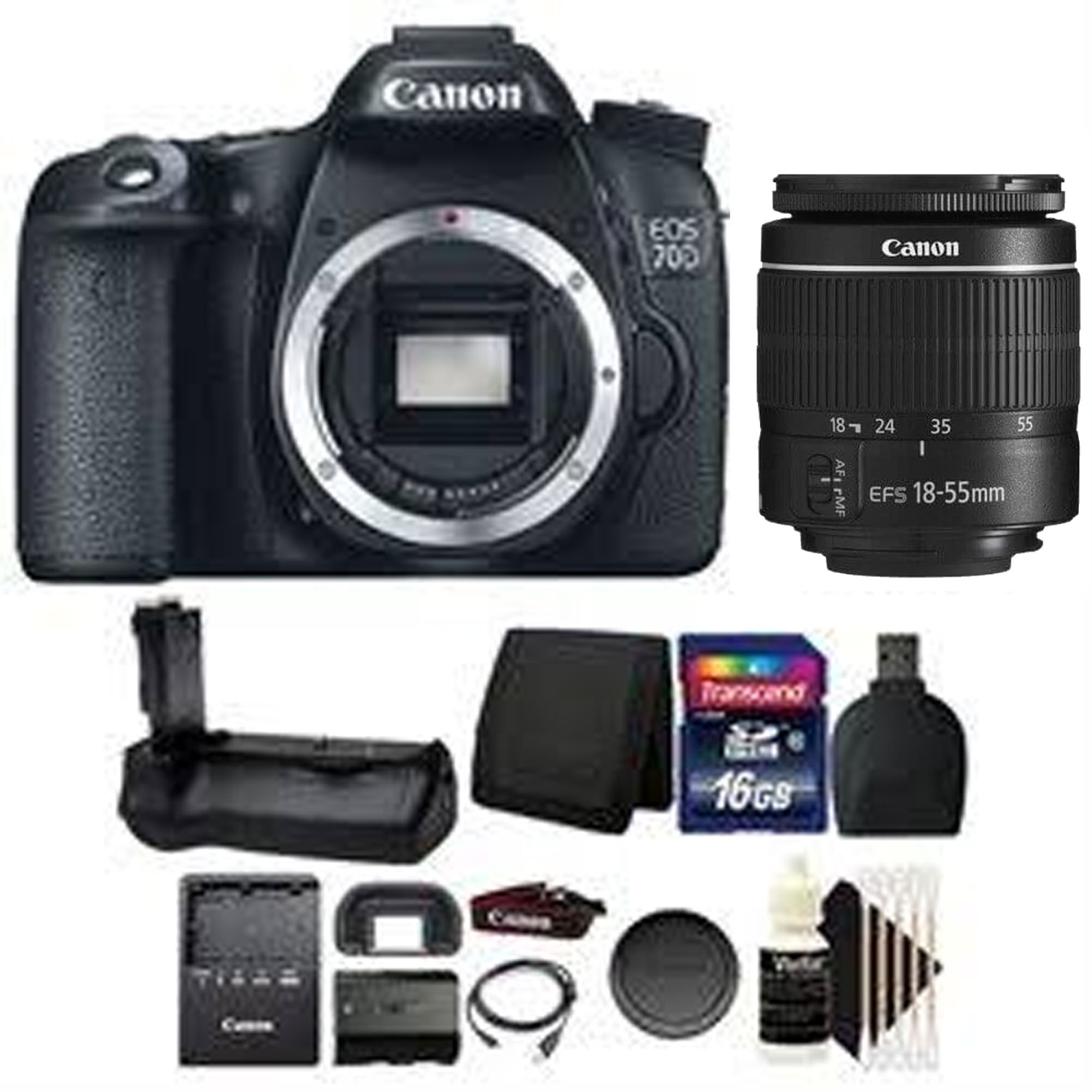 Canon EOS 70D DSLR Camera with 18-55mm & Battery Grip, 16GB Memory Card Bundle - US Version w/ Seller Warranty