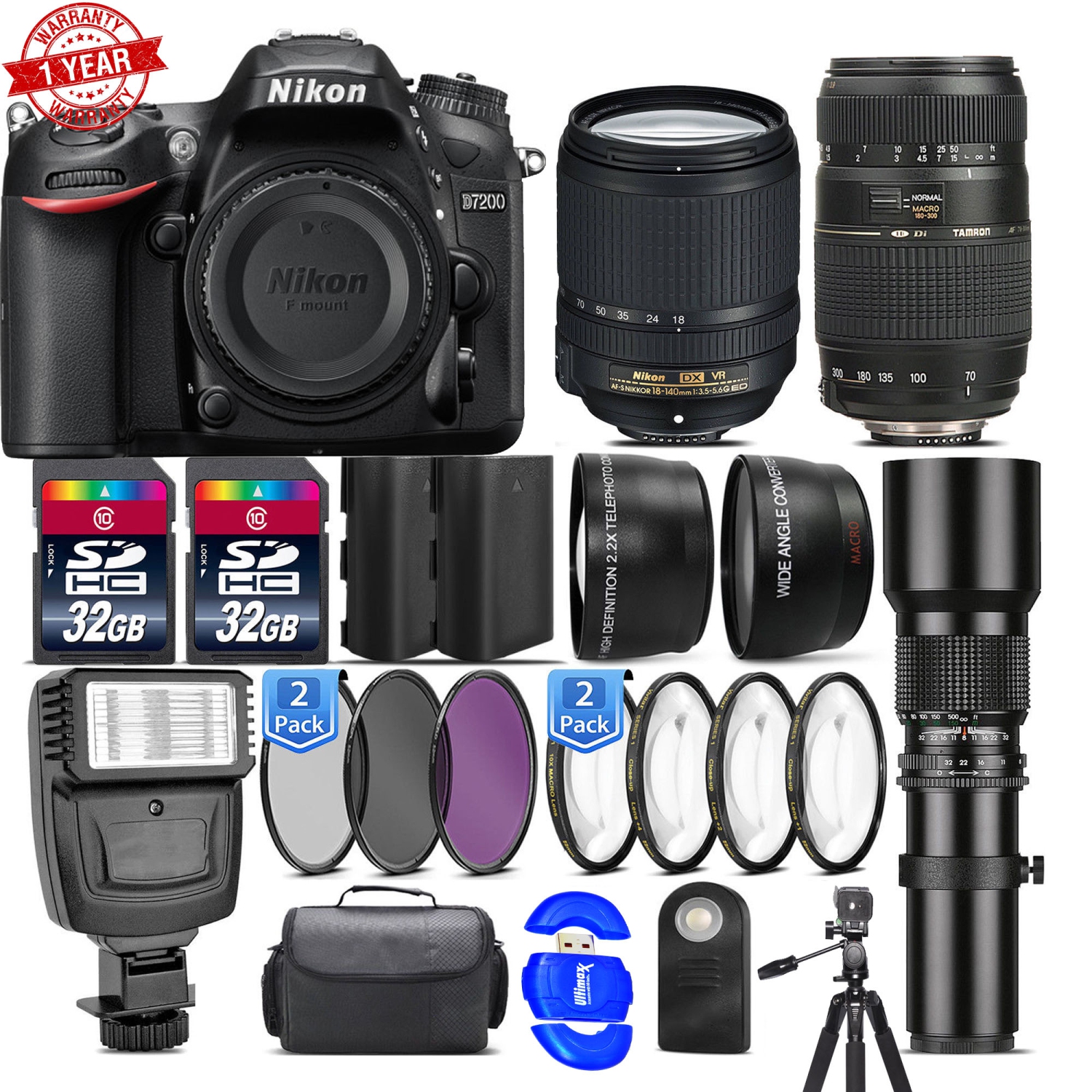 Nikon D7200 DSLR Camera + Nikon 18-140mm VR + 70-300mm + 500mm + Flash -64GB Mega Bundle - US Version w/ Seller Warranty