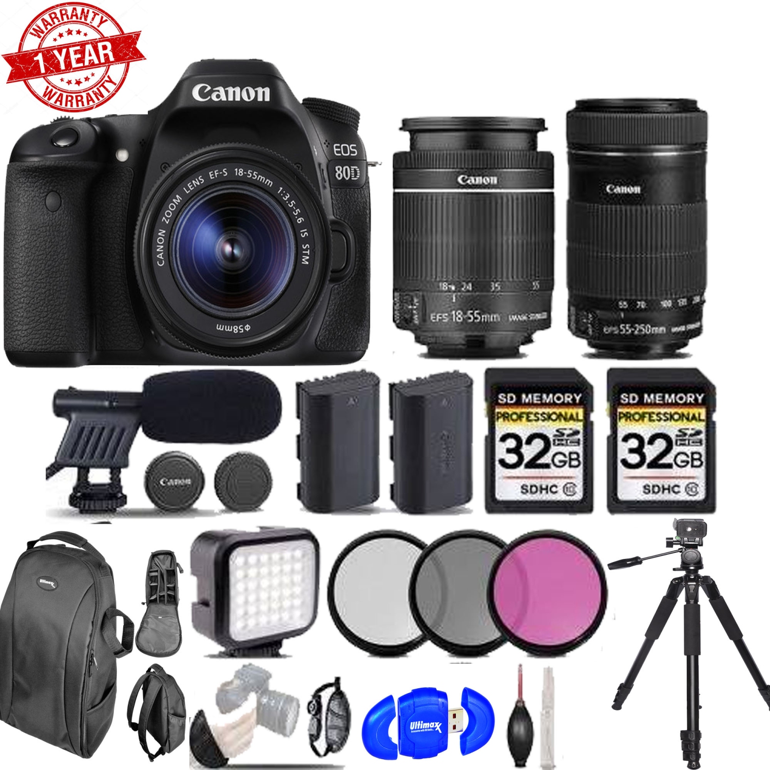 Canon Eos 80D DSLR Camera + 18-55mm STM Lens + Canon 55-250 Is STM - Video Kit - US Version w/ Seller Warranty