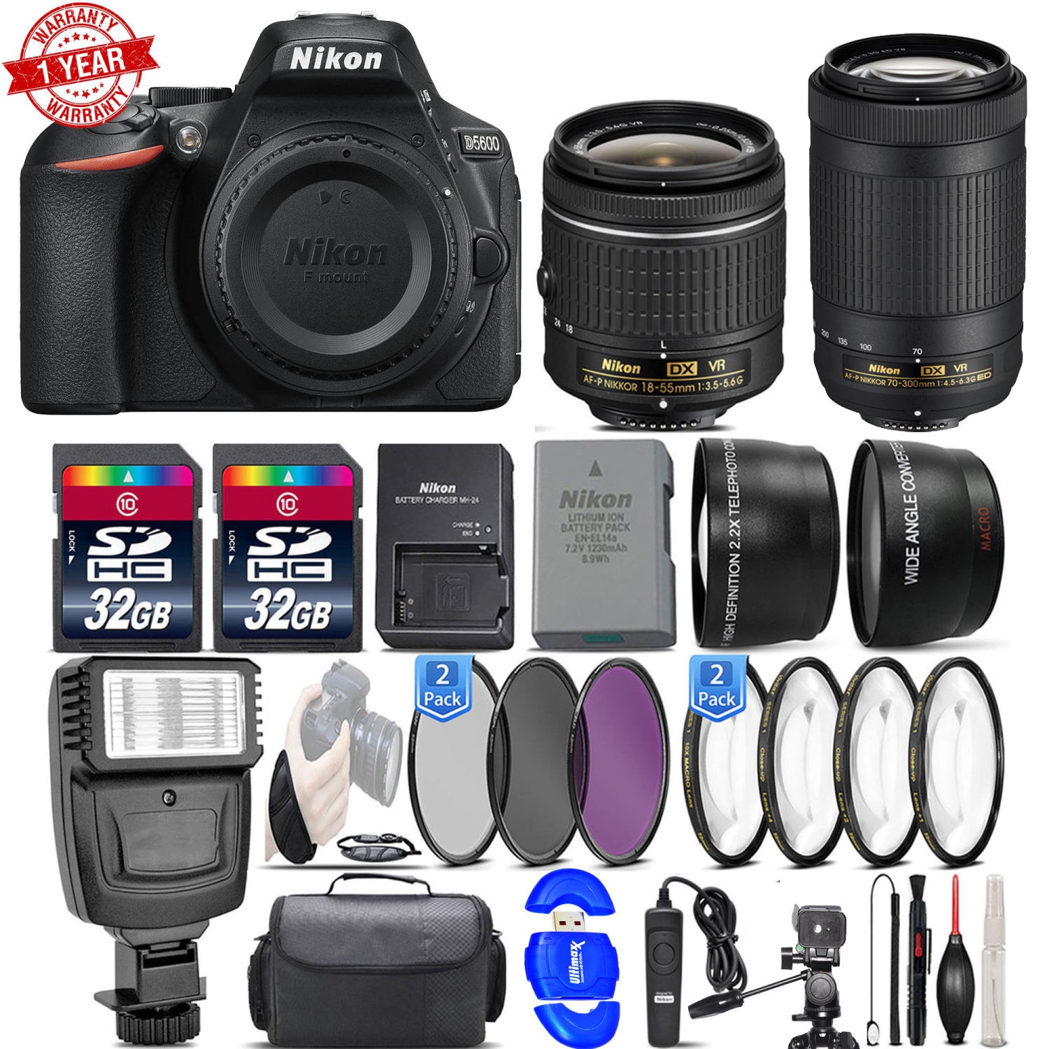 Nikon D5600 24.2MP DSLR Camera 18-55mm VR Lens Nikon 70-300mm VR Lens- 64GB Kit - US Version w/ Seller Warranty
