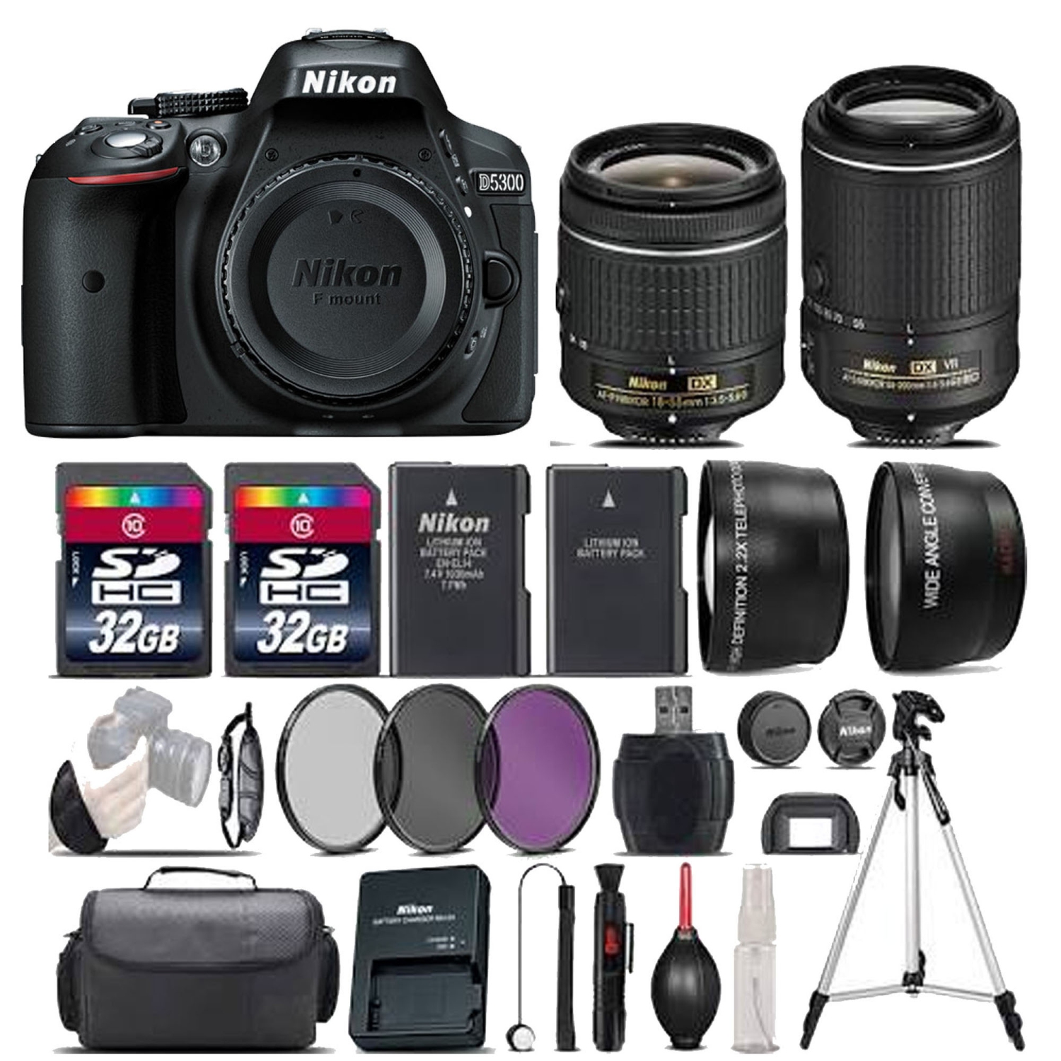 Nikon D5300 Digital SLR Camera ||18-55mm VR || 55-200mm VR II ||64GB Deluxe Bundle Kit - US Version w/ Seller Warranty