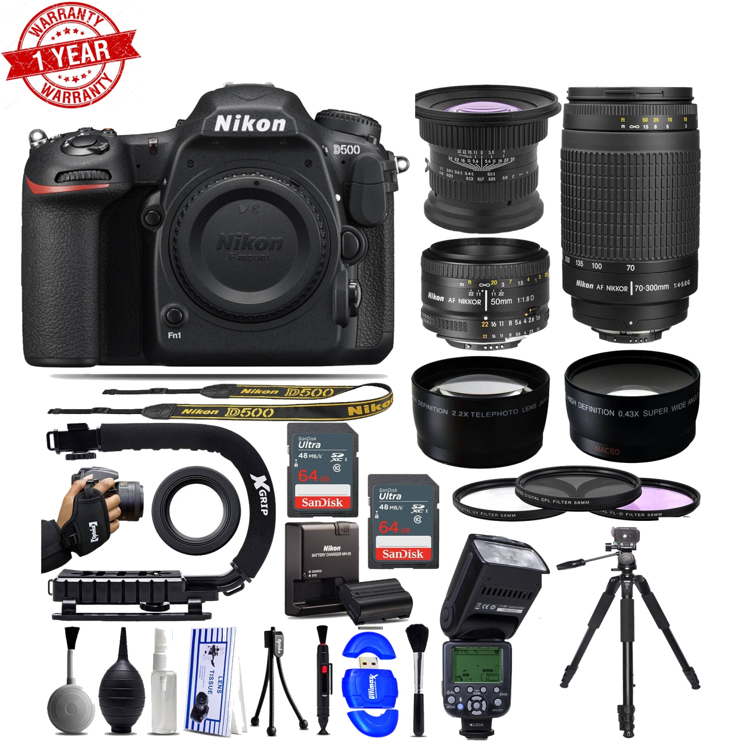 Nikon D500 DSLR Camera with -15mm - Nikon 50mm f/1.8D - Nikon 70-300mm G - 128GB -AF Flash Bundle - US Version w/ Seller Warranty