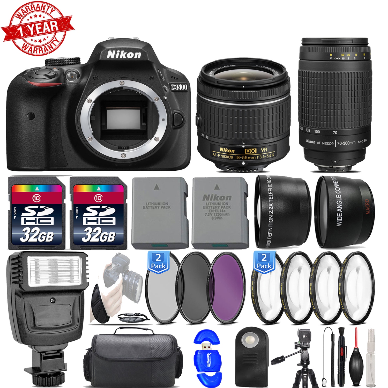 Nikon D3400 24.2MP DSLR Camera + 18-55mm VR Lens + Nikon 70-300mm Lens- 64GB Kit - US Version w/ Seller Warranty